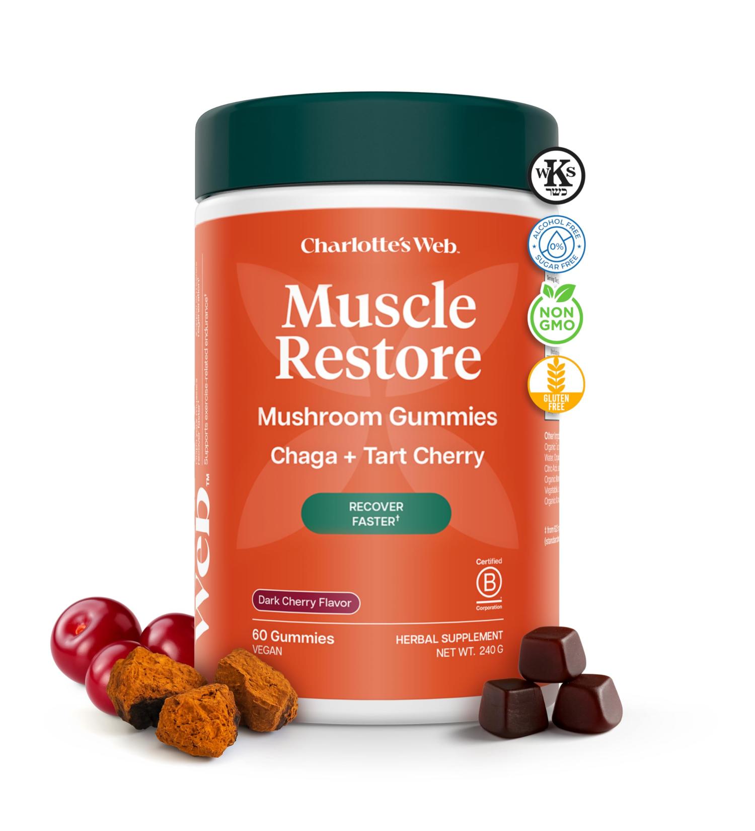 Charlotte's Web Muscle Restore Mushroom Gummies for Adults Chaga & Tart Cherry Supplement for Muscle Recovery and Fatigue Vegan Kosher Non-GMO (Dark Cherry Flavor 30 Servings) - Buy Online on GoSupps.com