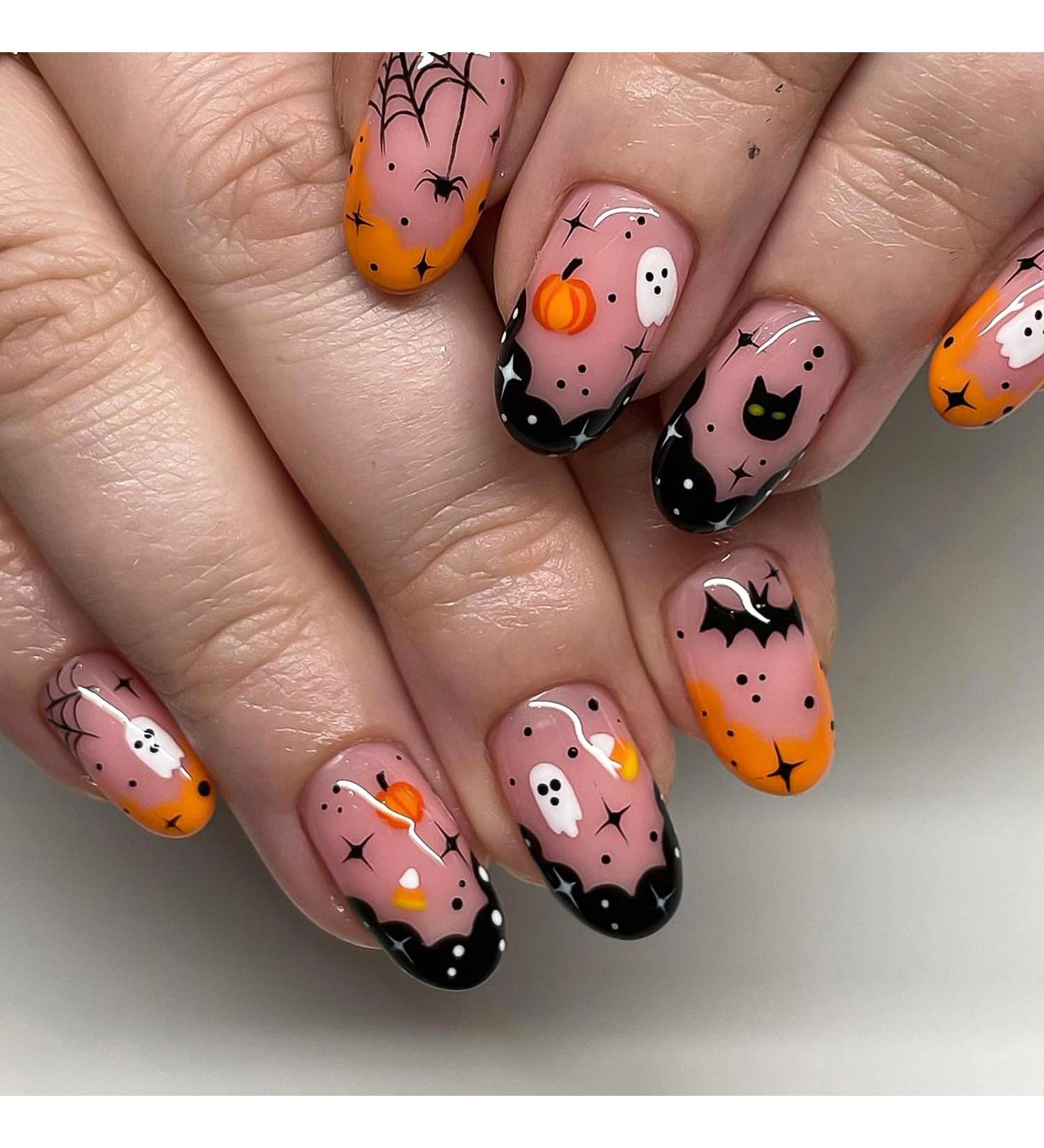 Shop Halloween Press-On Nails | Short Almond Acrylic Fake Nails with Ghost Pumpkin & Spider Web Designs - 24 Pcs for Women & Girls - Buy Online on GoSupps.com