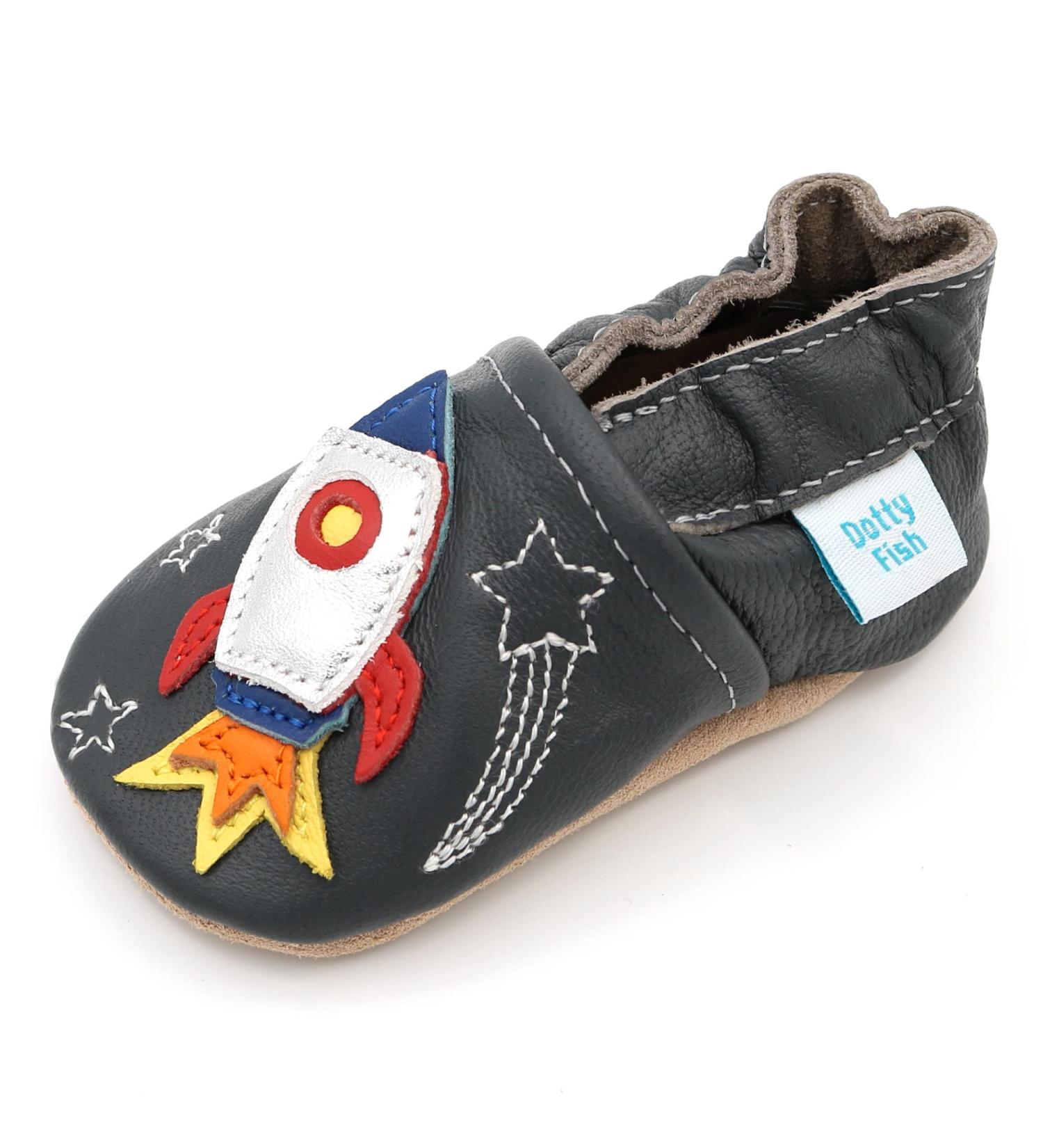 Dotty Fish Soft Leather Baby Shoes | Toddler Boys' Non-Slip Suede Sole | Space Rocket Design | 0-6 Months to 4-5 Years | 18-24 Months Size - Buy Online on GoSupps.com