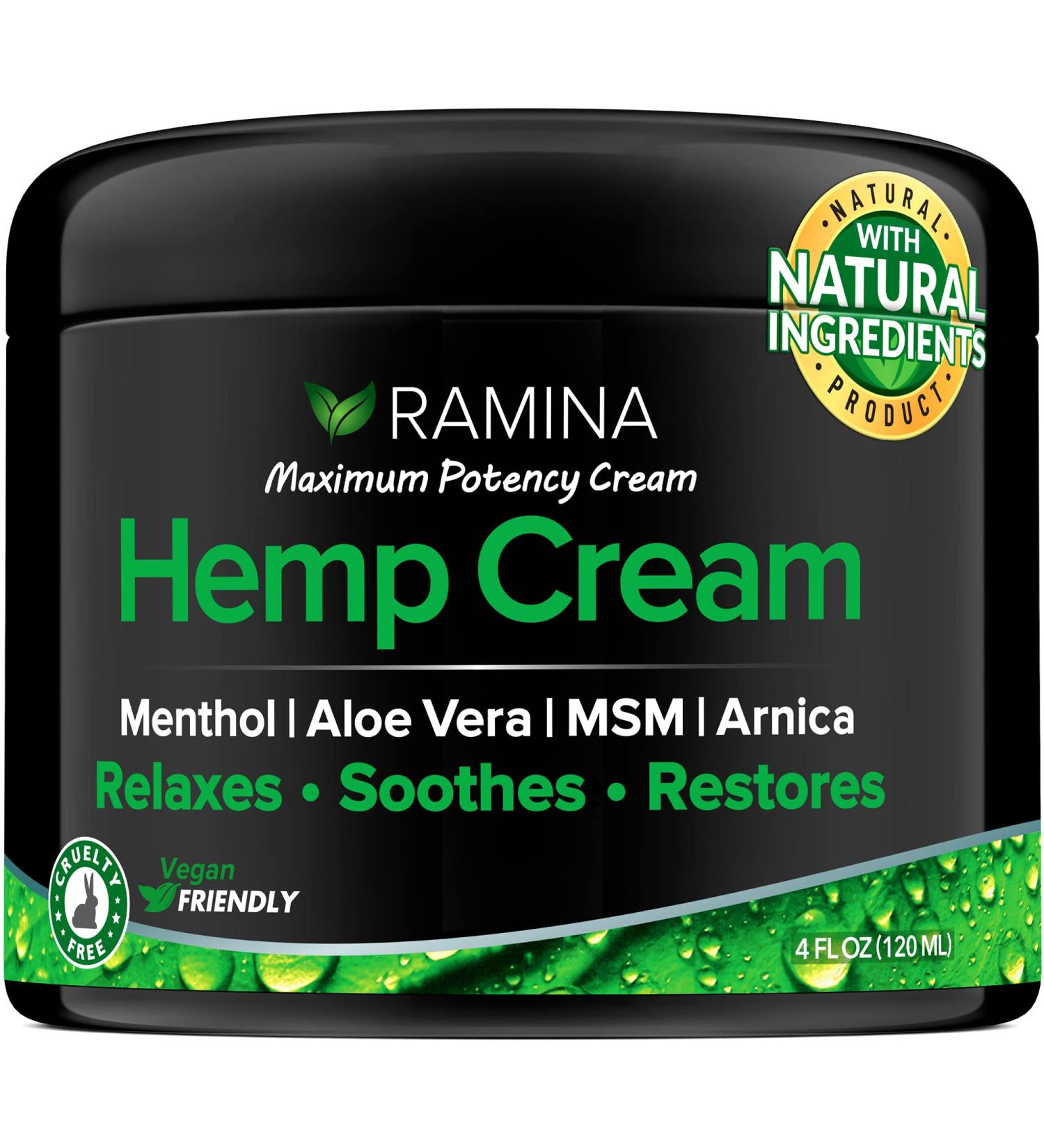 Ramina Natural Hemp Extract Cream with Menthol, MSM & Arnica - Made in USA - Soothes Muscles, Joints, Back, Knee, Nerves - Non-GMO - 4 fl oz - Buy Online on GoSupps.com