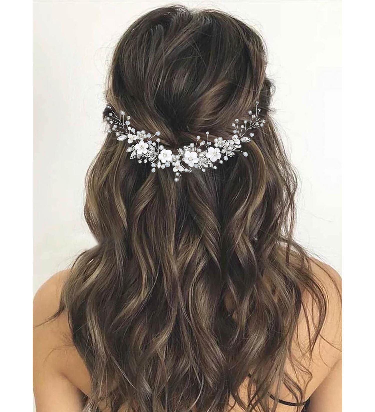GORAlS Crystal Flower Bridal Hair Vine with Pearls - Wedding Headpiece for Women and Girls (Silver) - Buy Online on GoSupps.com