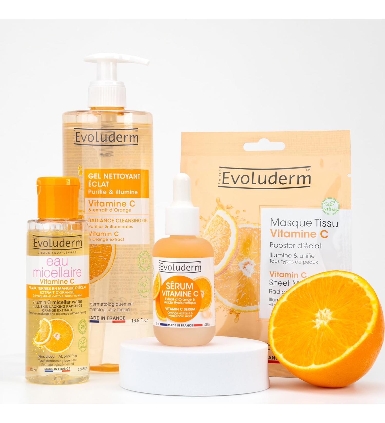 EVOLUDERM 100% Vitamin C Routine - 1 Micellar Cleansing Water + 1 Radiance Cleansing Gel + 1 Vitamin C Tissue Mask + 1 Vitamin C Serum - Vegan - Made in France - Buy Online on GoSupps.com