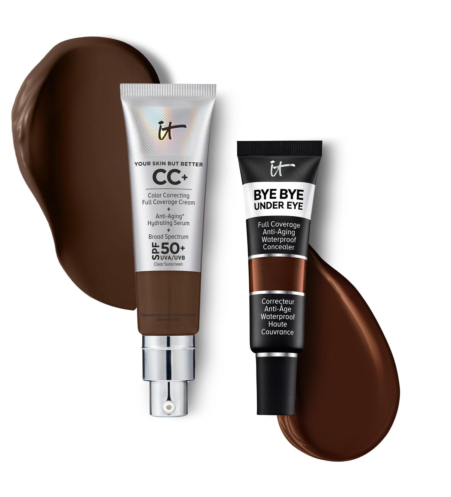 IT Cosmetics CC+ Cream with SPF 50+ Natural Finish Full Coverage Foundation (Deep Cool - 1.08 fl oz) & Bye Bye Undereye Concealer Anti-Aging Makeup (45.5 Deep Ebony - 0.4 fl oz) - Buy Online on GoSupps.com