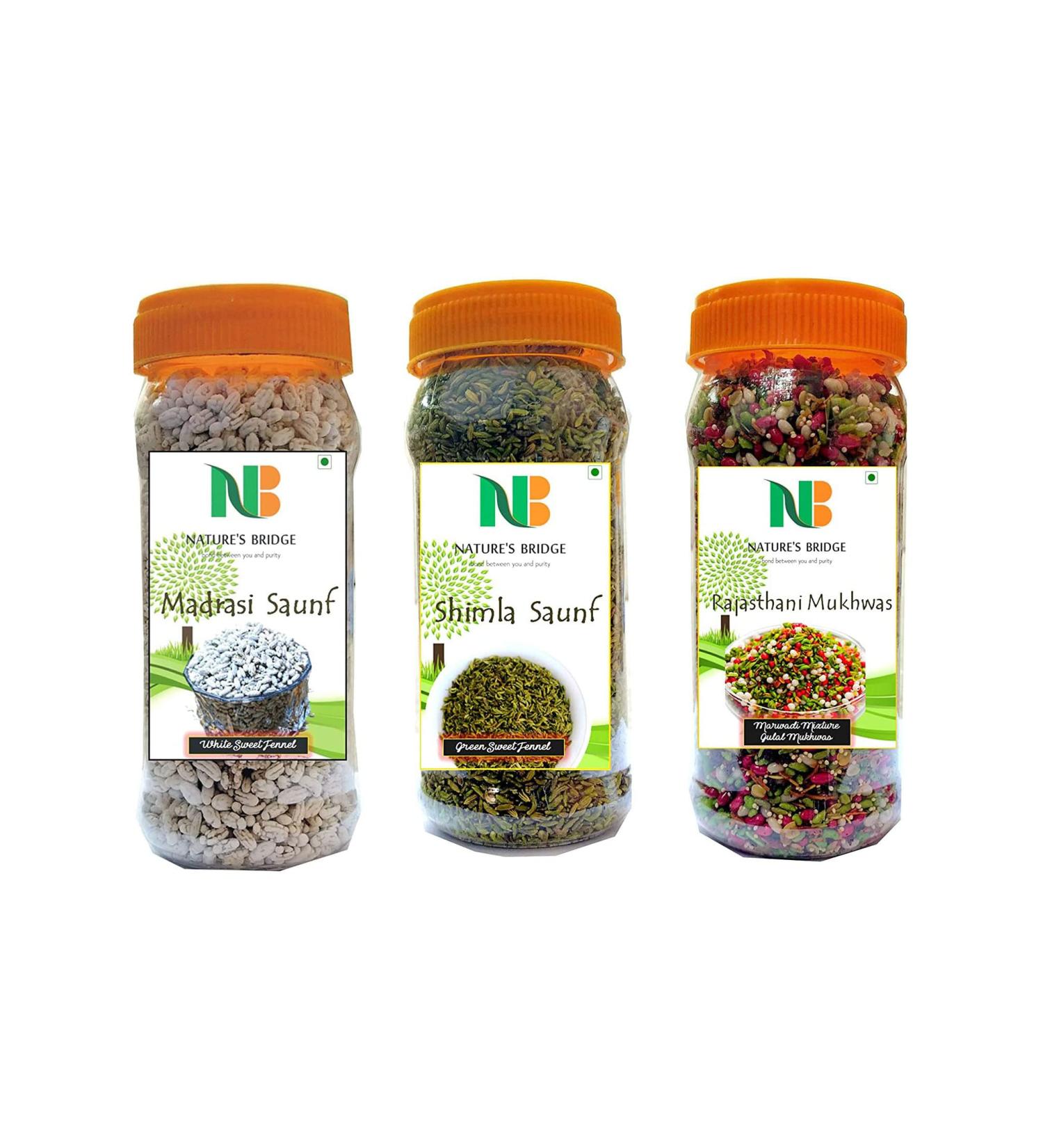 Nature's Bridge Rajasthani Mukhwas Combo Jar Pack of 3 / Madrasi Saunf Shimla Saunf Marwadi Mixture Each 200gm / Mouth Fresheners Combo (200 Gm X 3)_Packing May Vary - Buy Online on GoSupps.com