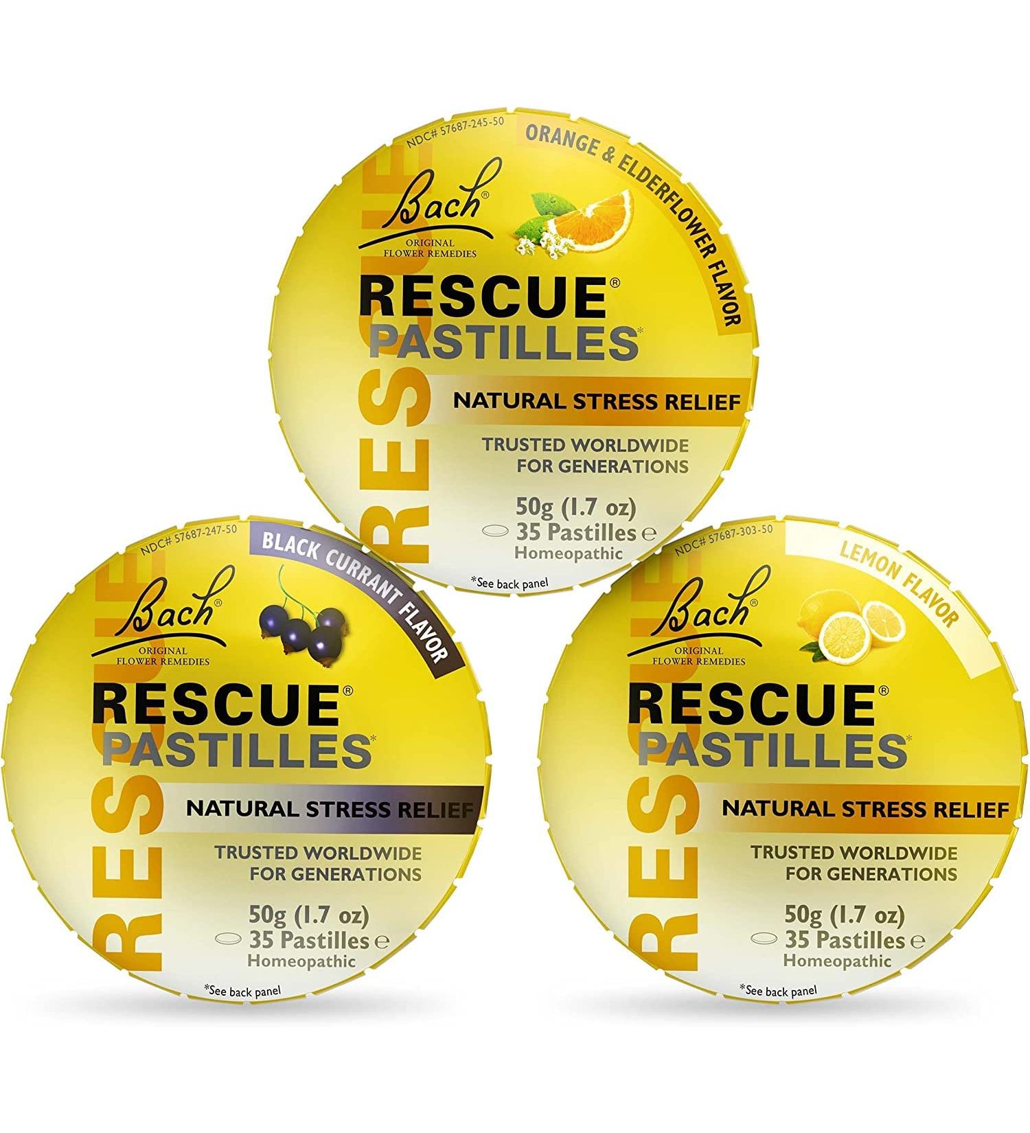 Bach Rescue PASTILLES Bundle Orange and Elderflower Black Currant and Lemon Natural Stress Relief Lozenges Homeopathic Flower Essence Vegetarian Gluten and Sugar-Free 3 Count - Buy Online on GoSupps.com