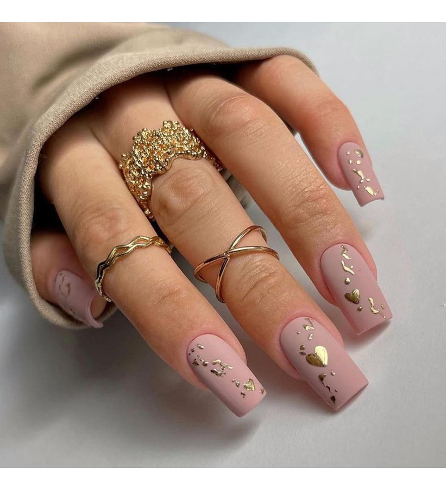 24pcs Almond Square Press on Nails - Full Cover Acrylic False Nails with Glue - Golden Love Style for Women and Girls - Buy Online on GoSupps.com