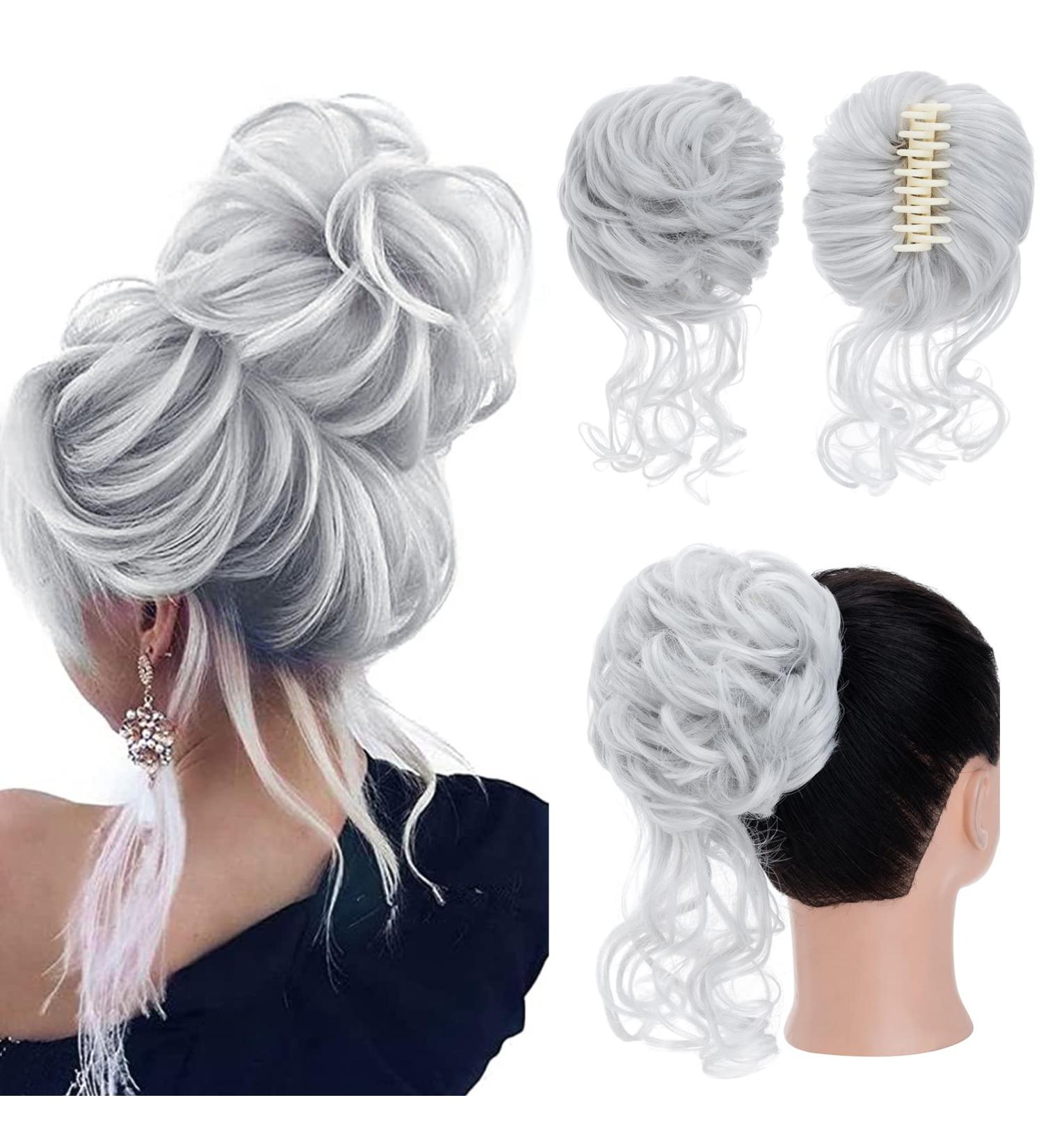 S-Noilite Tousled Updo Claw Clip Hair Bun - Silver Grey Synthetic Curly Wavy Scrunchies for Women - Buy Online on GoSupps.com