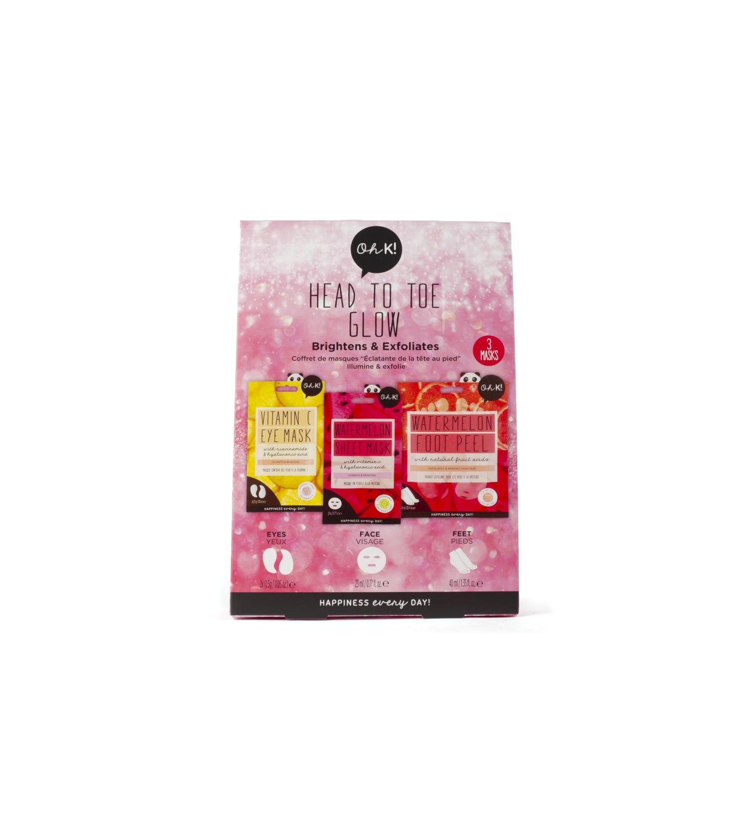 Oh K! Head to Toe Glow Set Vegan and Cruelty Free Pamper Giftset With Foot Peel Face and Eye Mask Watermelon and Vitamin C 3 Piece - Buy Online on GoSupps.com