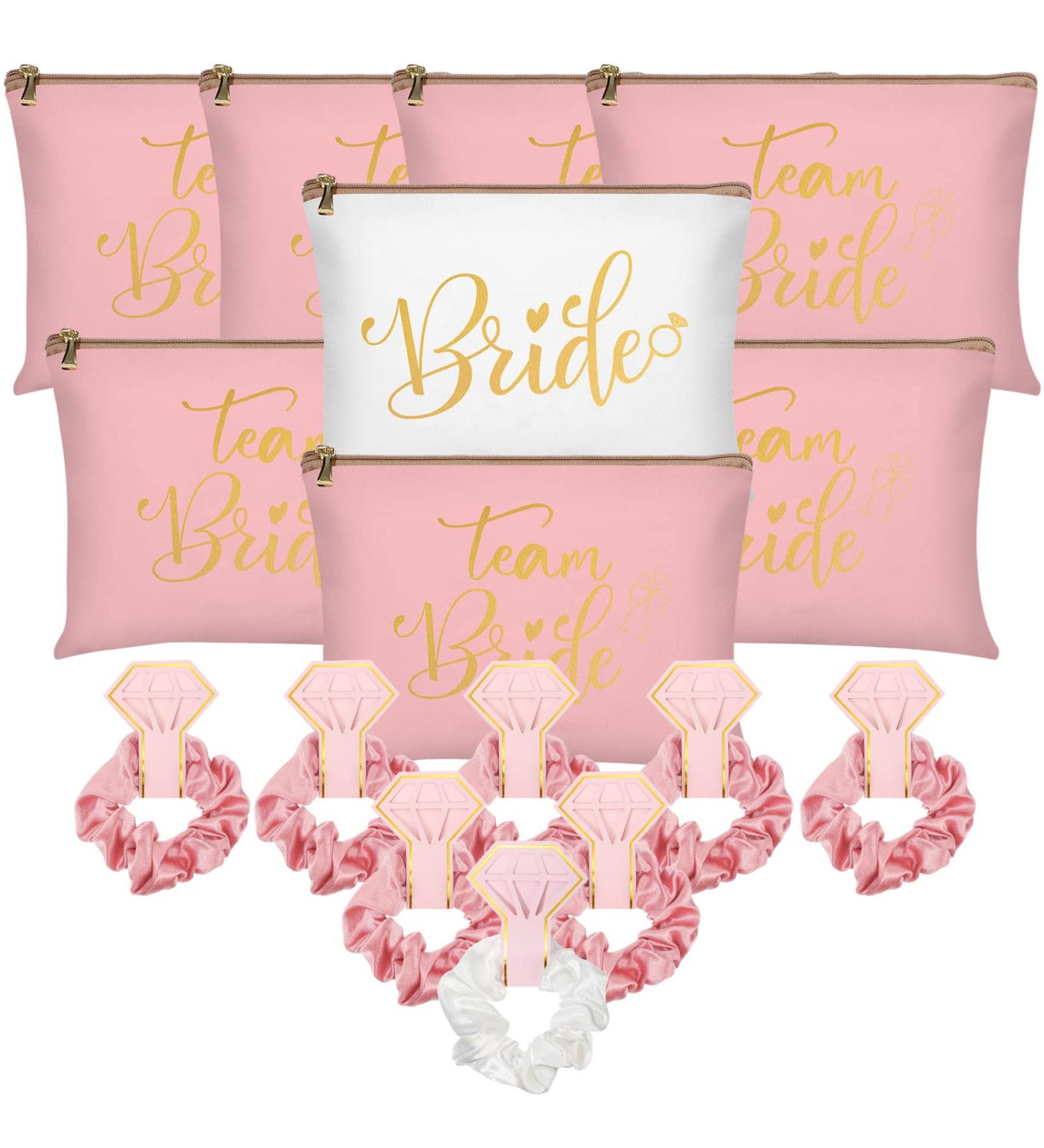 24 Pcs Team Bride Bridesmaid Gift Set - Bachelorette Party Favor, Wedding Supplies - 8 Makeup Bags, 8 Scrunchies, 8 Cards (Sweet Colors, Classic Style) - Buy Online on GoSupps.com