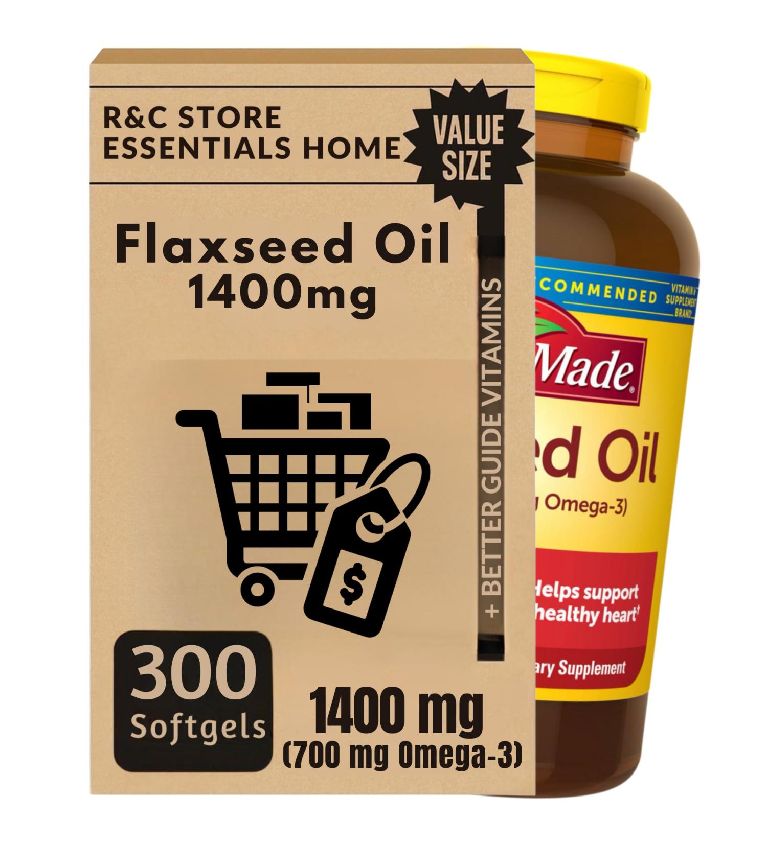 Nature Flaxseed Oil Capsules 1400mg (300 Softgels) | Plant-Based Omega-3 ALA | Bundle with Essential Vitamins Guide by R&C Store - Buy Online on GoSupps.com