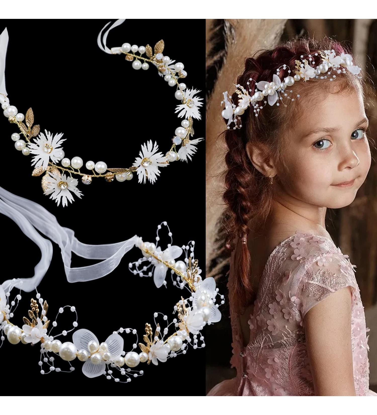 Wedding Flower Girl Headpiece Set | Bridal Hair Vines | Princess Hair Accessory | Rhinestone Pearl Headband for Women & Girls | Perfect for Communion, Wedding, Prom & Photography - Buy Online on GoSupps.com