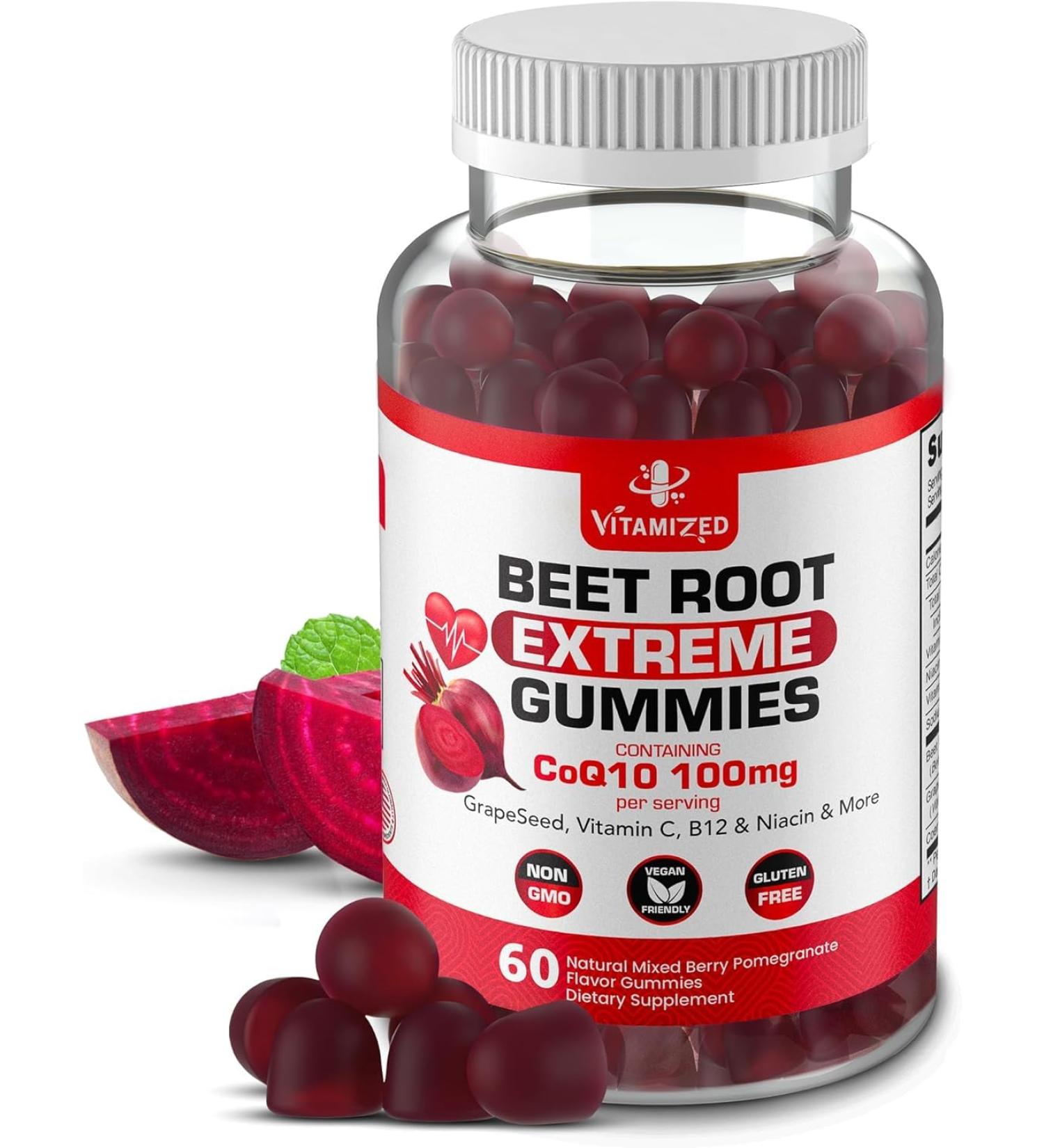 Extreme Beetroot Formula & COQ10 100mg - Gluten Free Energy Gummies with Grape Seed Extract for Enhanced Circulation - 1500mg - 60 Count - Buy Online on GoSupps.com