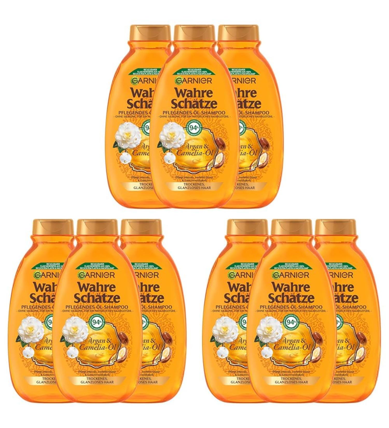 Garnier True treasures nourishing oil shampoo argan- & camelia oil maintains intensely illuminate shine and suppleness 3 x 250 ml (pack with 3) 250 ml (9 Pack)