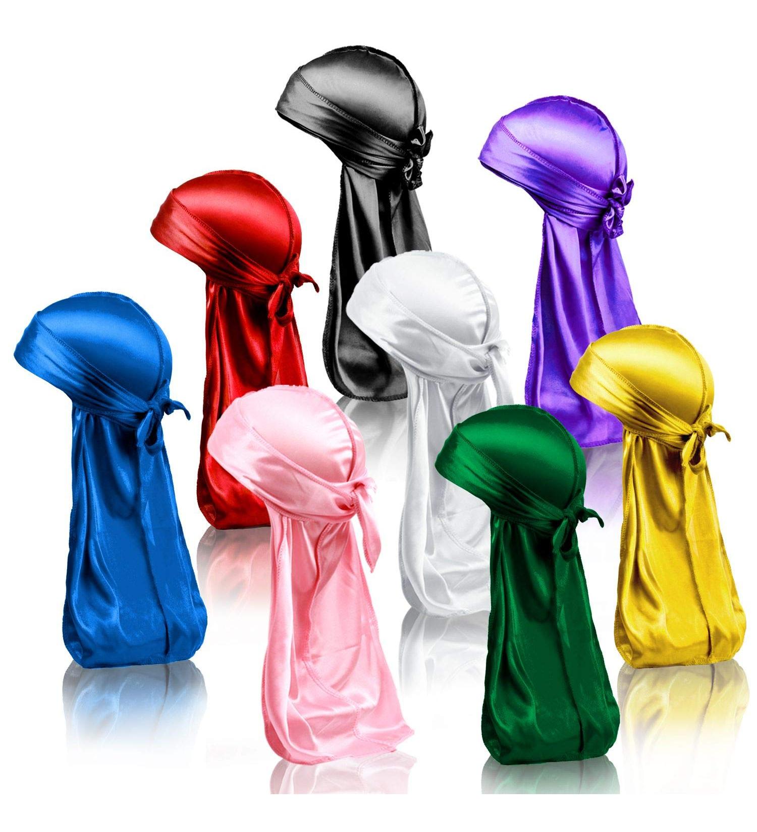 LEADUWAY 8Pcs Silky Durags Set for Men and Women - Extra Long Tail, Wide Straps - Pink, Yellow, Green, Blue, Purple, Red, White, Black - Buy Online on GoSupps.com