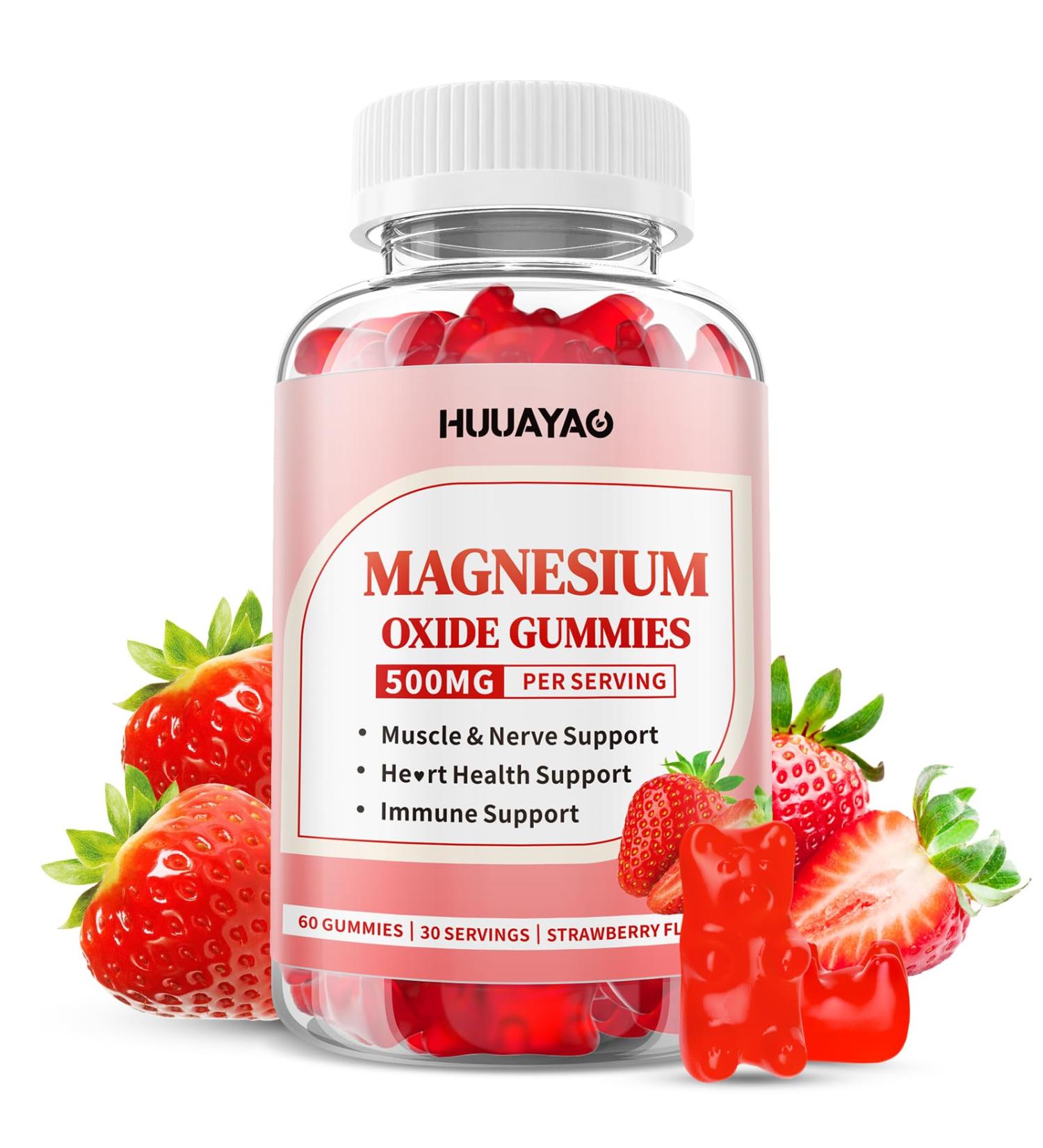 Magnesium Oxide Gummies 500mg for Adults & Kids Chewable Magnesium Oxide Supplement for Nerve Muscle Immune Support Sugar Free Strawberry Flavor 60 Count 60 Count (Pack of 1) - Buy Online on GoSupps.com