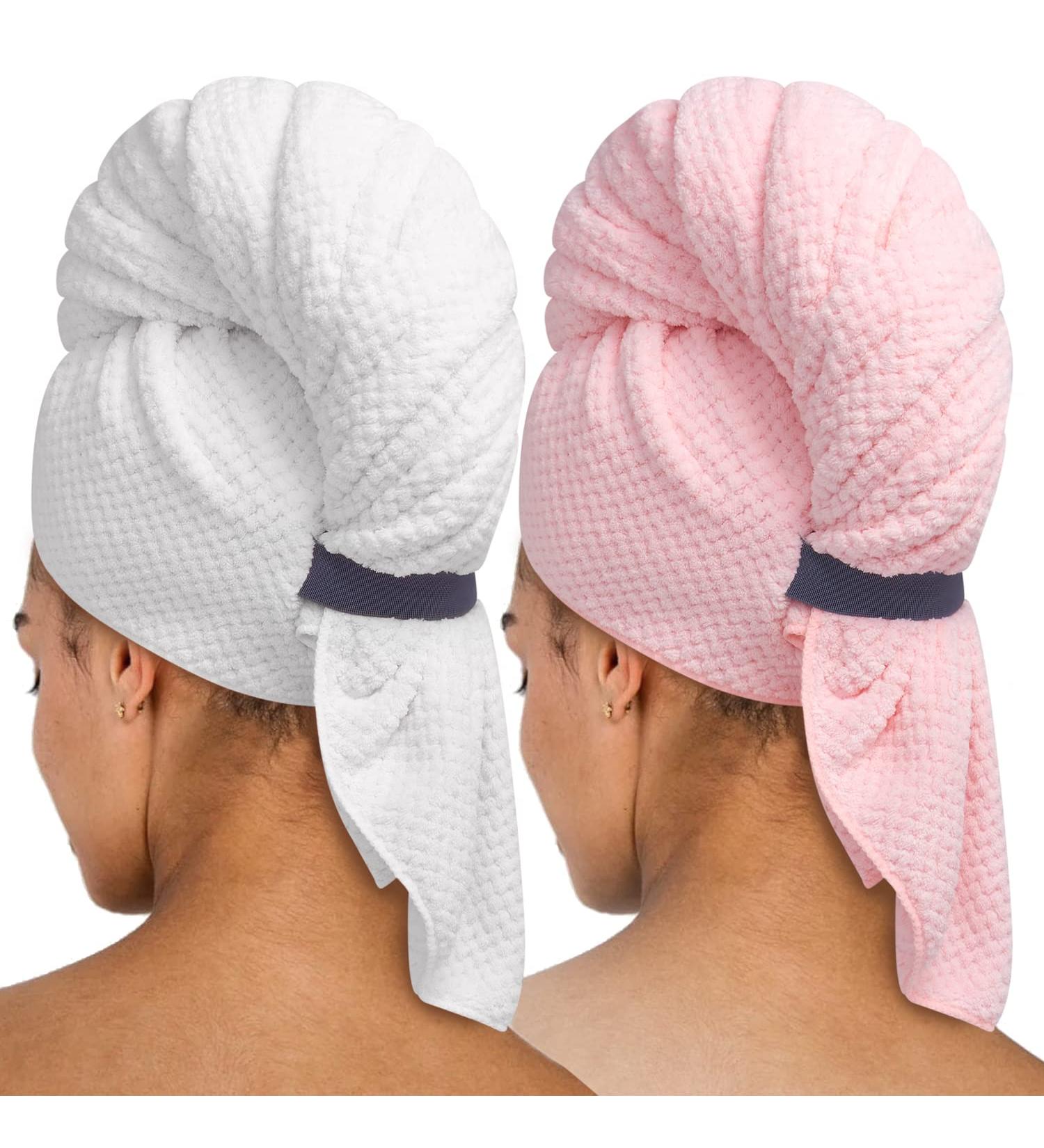 Umisleep Extra Large Microfiber Hair Towel 2 Pack - Ultra Absorbent Hair Drying Wrap for Curly Long Thick Hair - Anti Frizz Hair Turban - White Pink - Buy Online on GoSupps.com