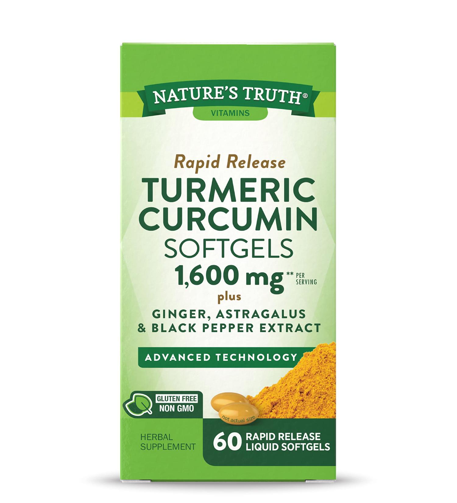 Nature's Truth Turmeric Curcumin 10mg Softgel Capsules with Ginger, Astragalus, and Black Pepper Extract - Non-GMO Gluten Free Supplement | 60 Count Pack - Buy Online on GoSupps.com