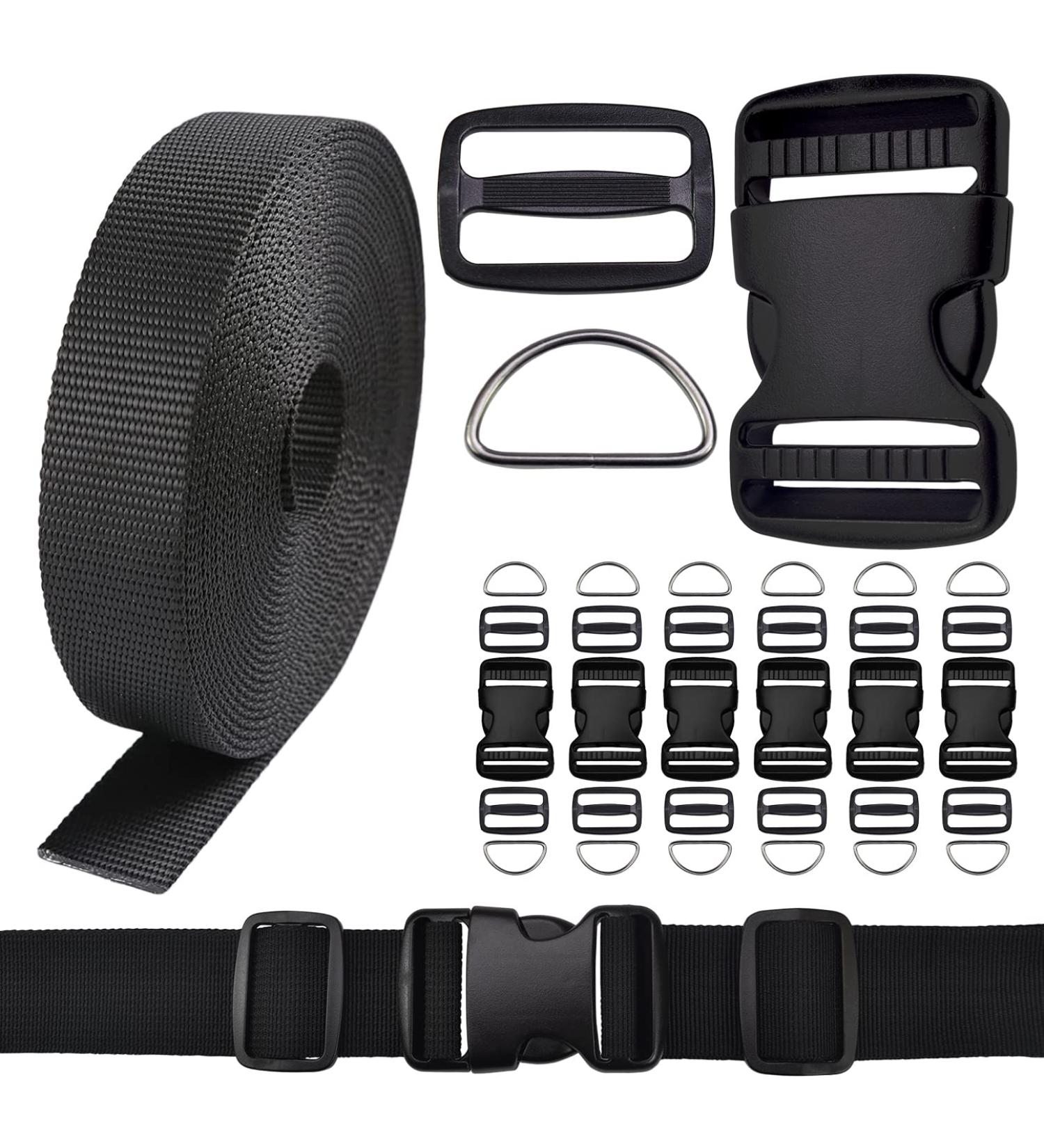 6 Yards Black Nylon Webbing Strap Set with Plastic Buckles, Tri-glide Slides, and Metal D Rings - 3/4 Inch - Buy Online on GoSupps.com