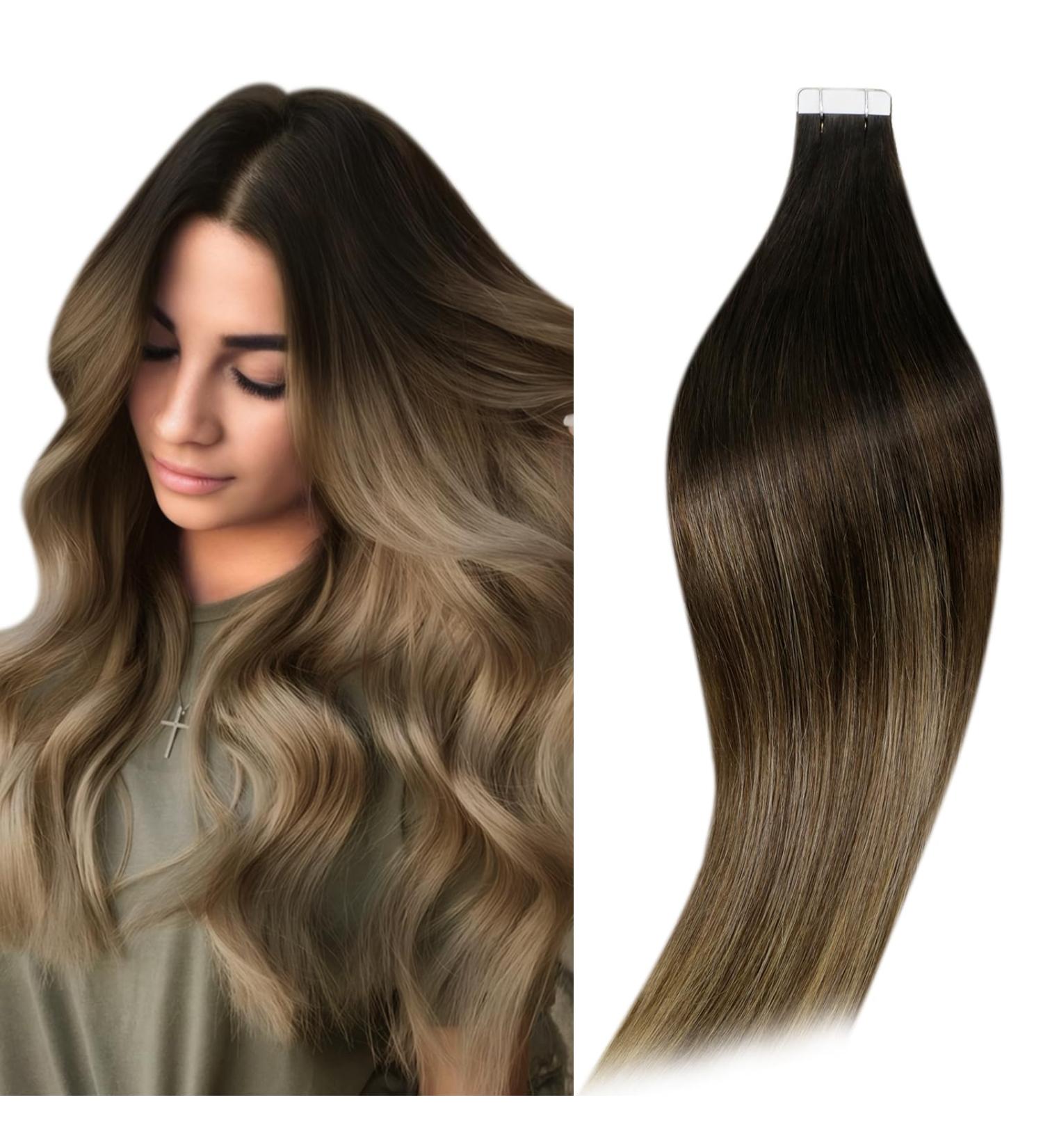 Runature Invisible Tape Extensions - Real Hair Balayage Black Ombre Brown & Blonde 45cm - 20 Piece Straight Hair Extensions - Buy Online on GoSupps.com