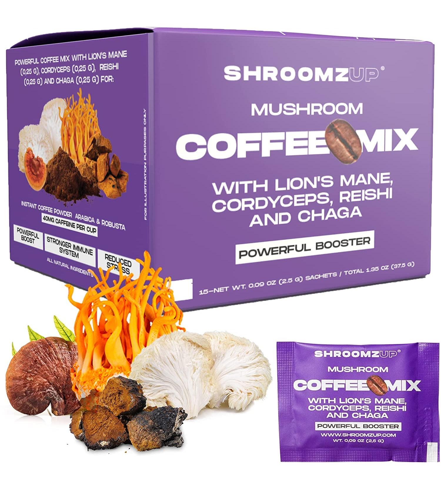 ShroomzUp Mushroom Coffee Instant - 15 Pack with Lions Mane, Reishi, Chaga & Cordyceps Mushrooms - Vegan Nootropic Coffee for Focus - Arabica & Robusta Blend - Buy Online on GoSupps.com