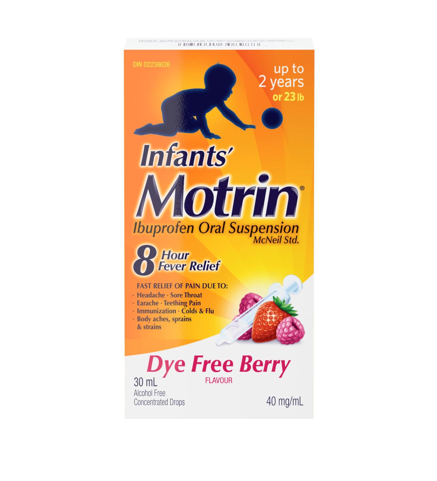 Motrin Infants' Ibuprofen Oral Suspension Concentrated Drops Dye Free Berry Flavour 40 mg/ml 30 mL - Buy Online on GoSupps.com