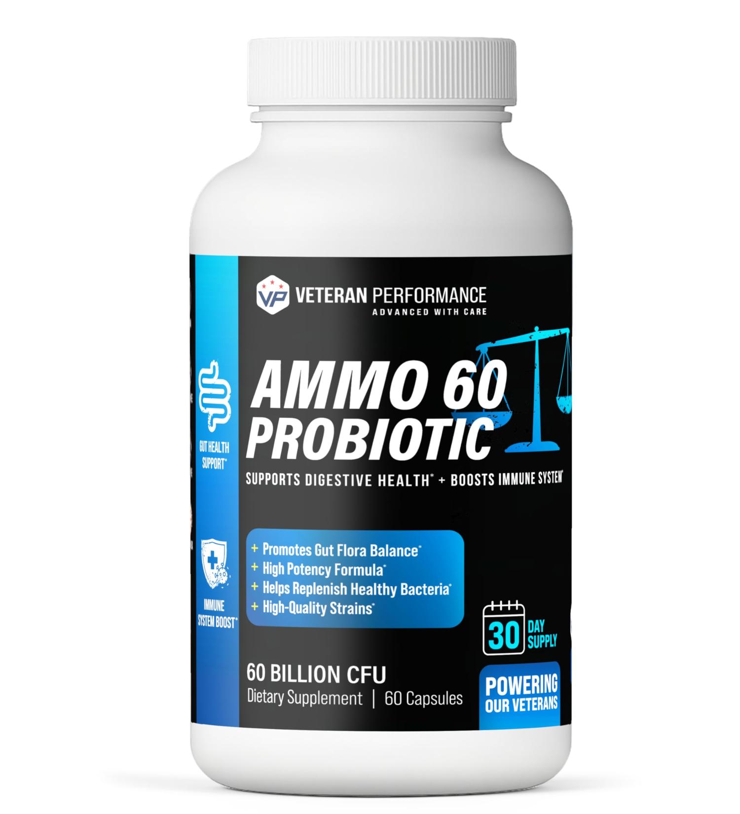 Veteran Performance Ammo 60 Probiotic 60 Billion CFU 4 Targeted Strains + FOS Prebiotic Supports Digestive Balance & Boost Immune System Daily Probiotic Supplement - Buy Online on GoSupps.com
