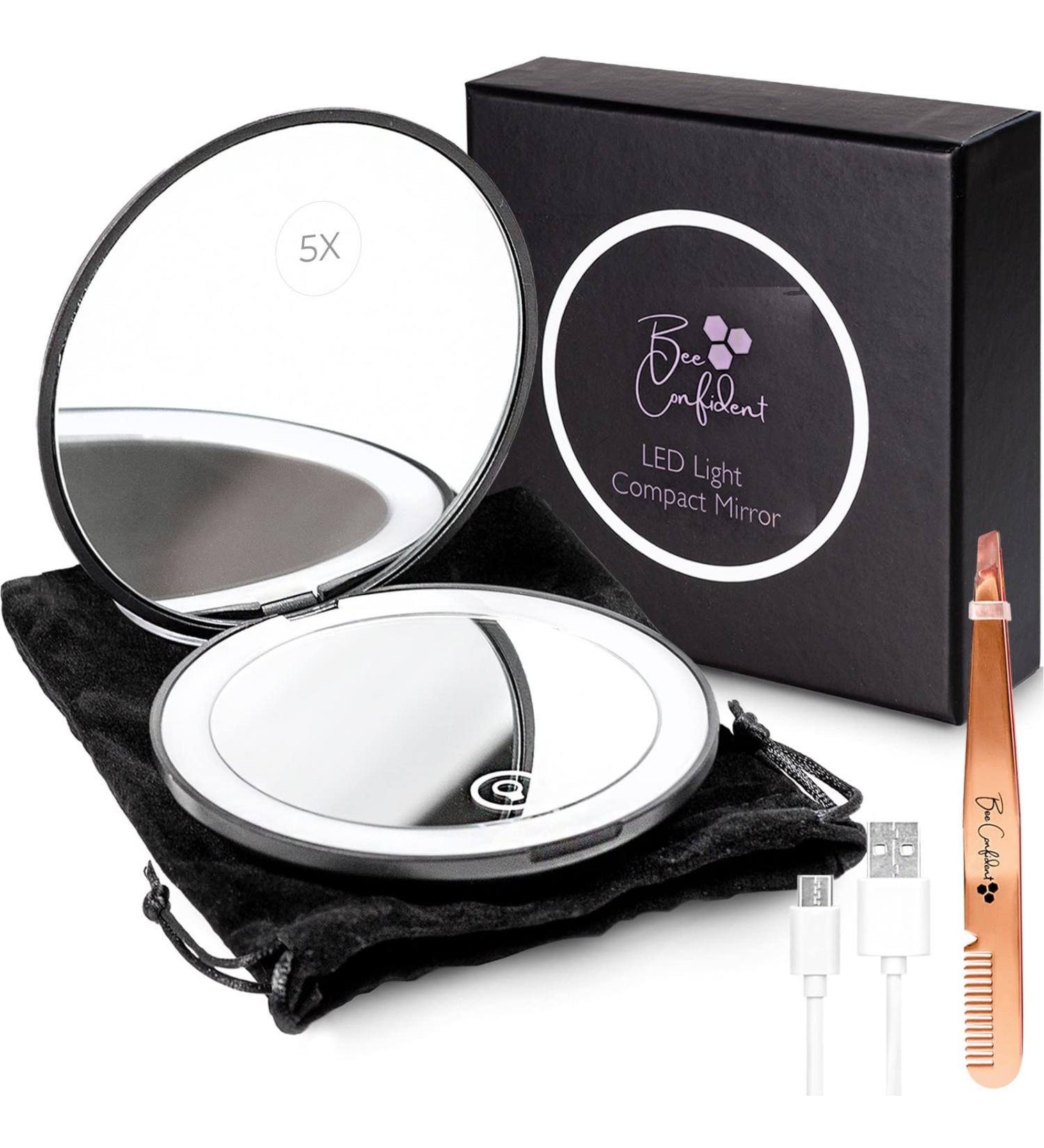 Rechargeable LED Compact Travel Mirror with 5X Magnification, 3 Light Settings, and Free Tweezers - Buy Online on GoSupps.com