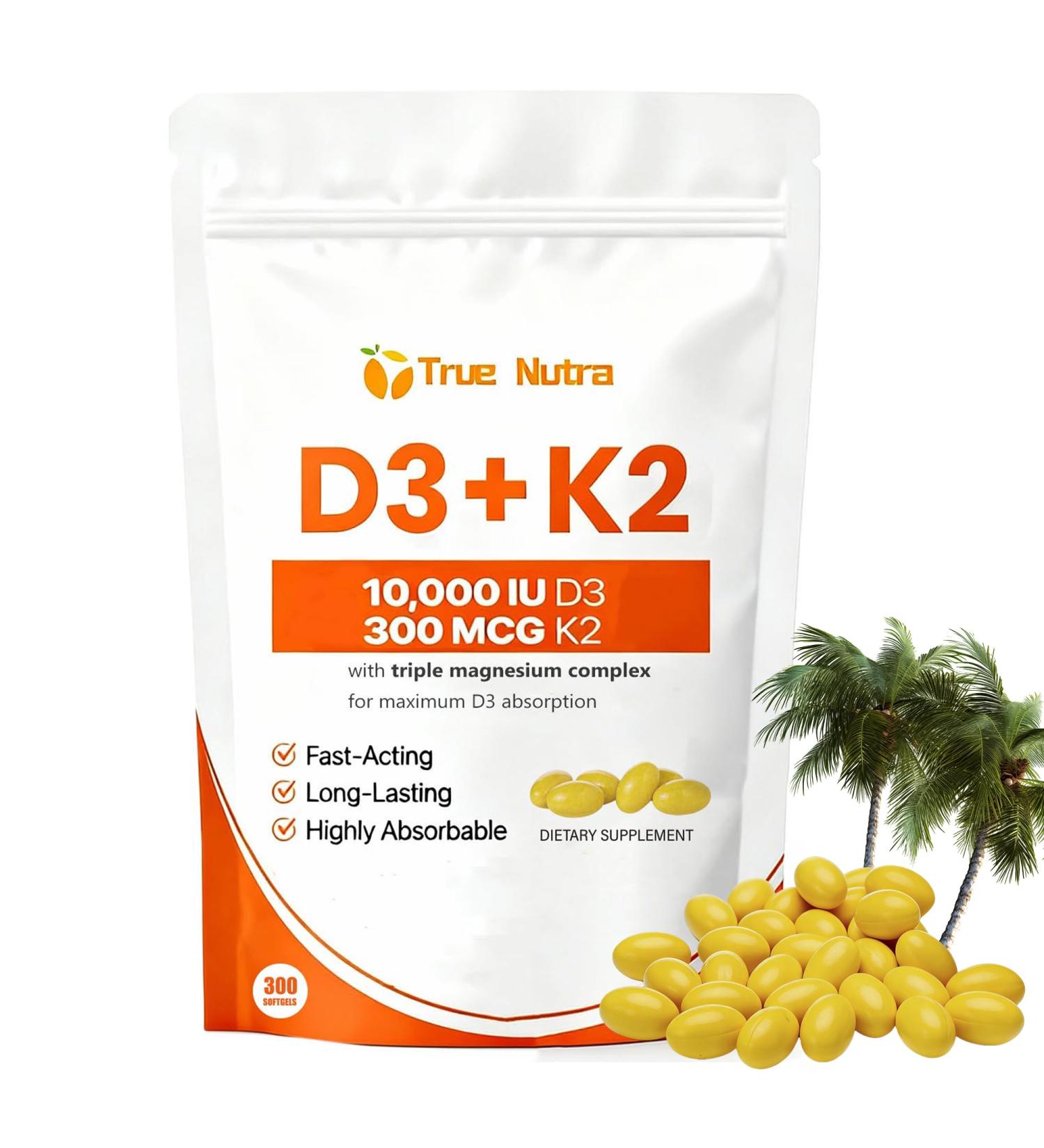 true nutra D3 K2 Magnesium D3 K2 Vitamin 10000 IU Supplement 300 Coconut Oil Softgels Non-GMO Extra Strength Gluten Free (1PCS) - Buy Online on GoSupps.com
