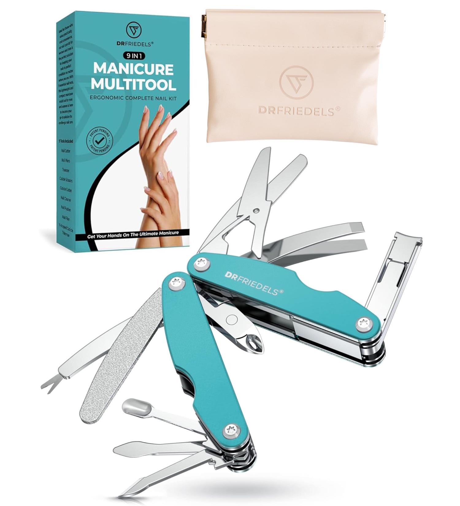 DRFRIEDELS Compact Manicure & Pedicure Set - 9-in-1 Foldable Nail Kit - Ideal for Travel Hiking & EDC Multitool (Peacock Blue) - Buy Online on GoSupps.com