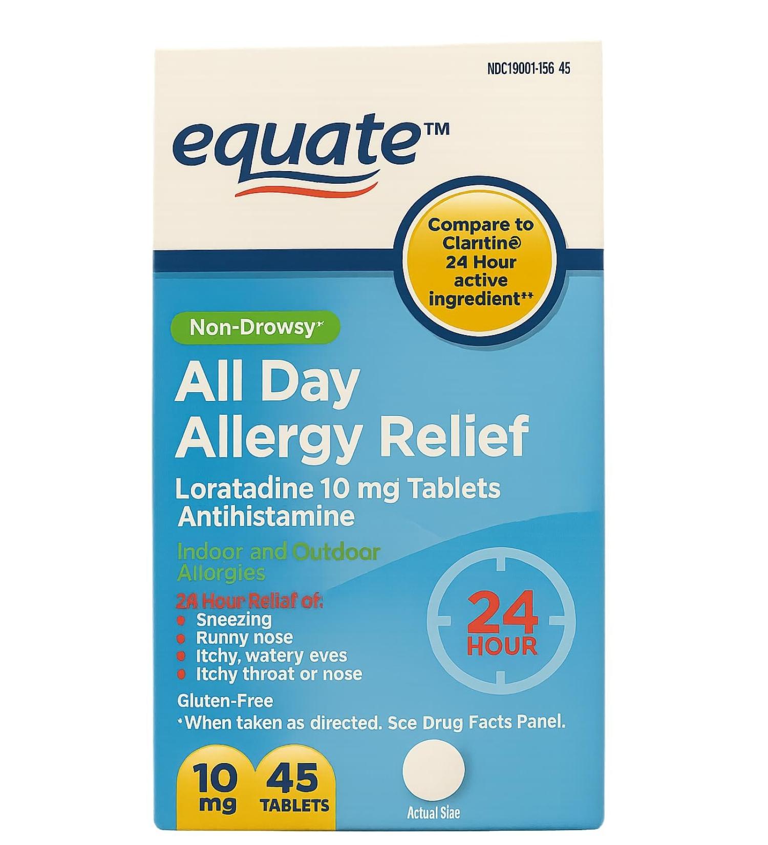 Non-Drowsy All Day Allergy Relief Loratadine 10 mg Tablets Antihistamine 45 Count 24 Hour Active Ingredient