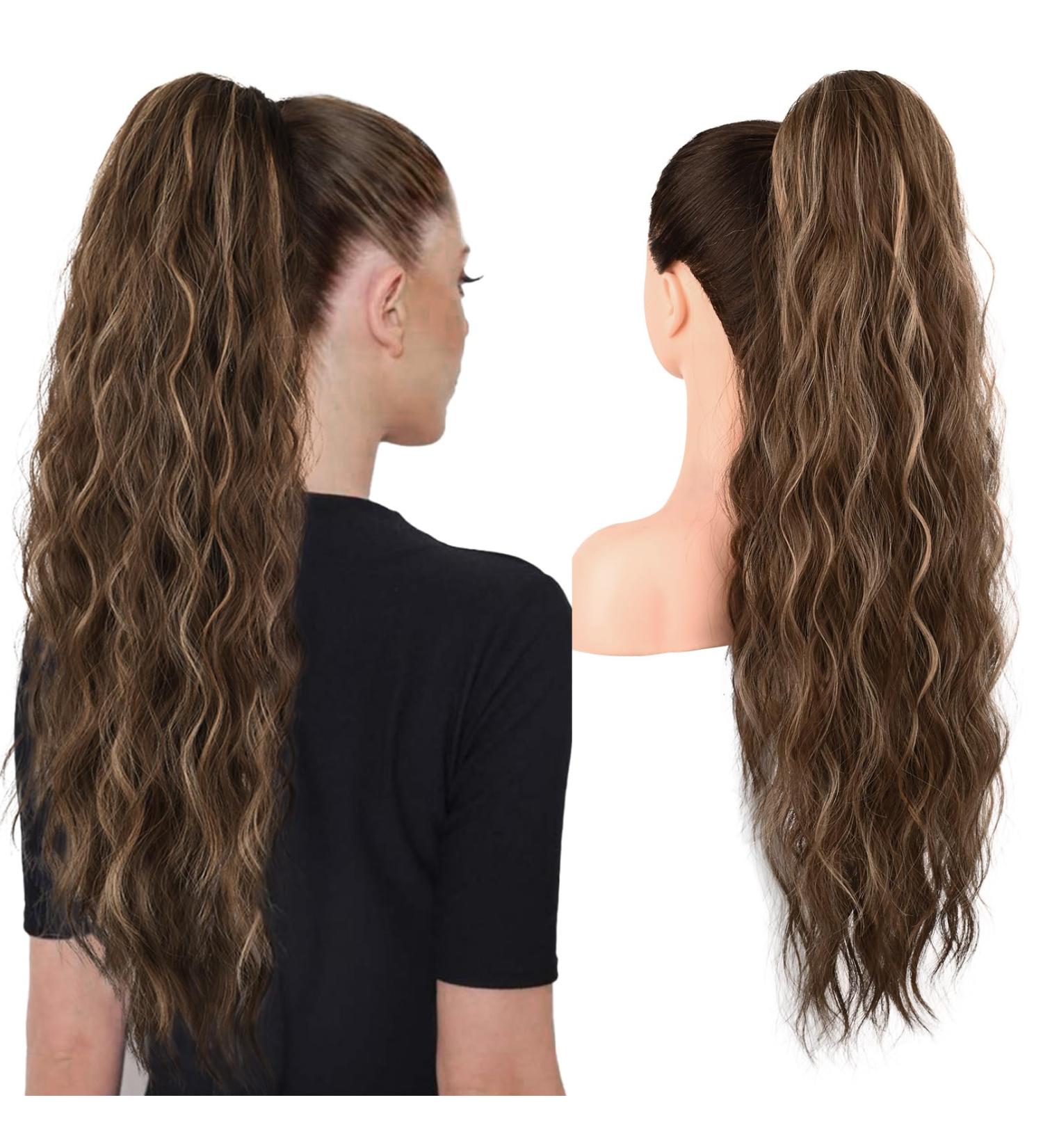 Brikabia Ponytail Extension - 66cm Beach Wavy Clip-In Hair Extension for Women in Chocolate Brown with Blonde Reflexes - Buy Online on GoSupps.com