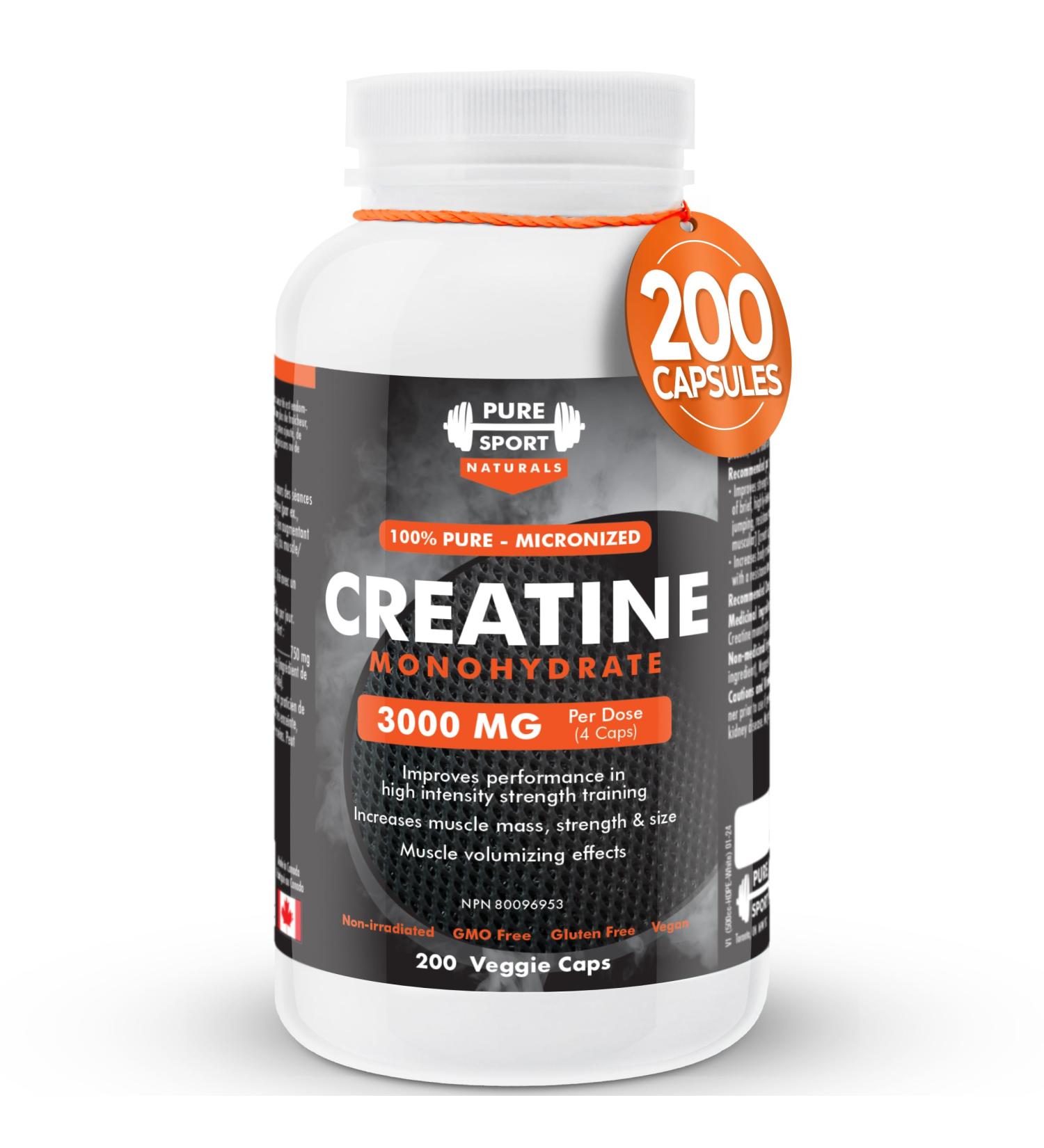 Creatine Monohydrate Capsules 200 Count | 100% Pure Creatine Pills for Muscle Growth Strength & Performance | 3000mg High Absorption Formula | 50-Day Supply | Made in Canada - Buy Online on GoSupps.com