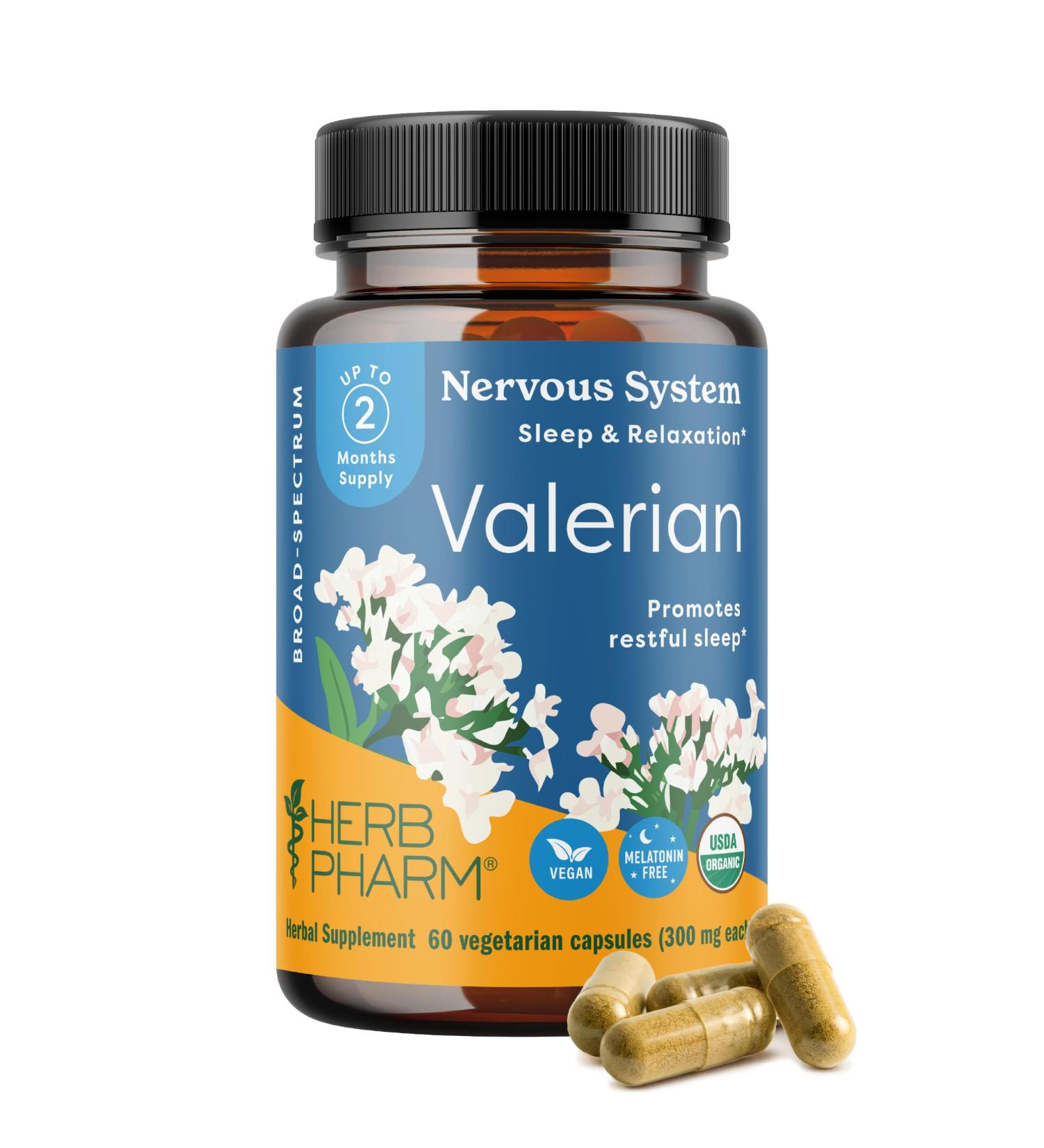 Herb Pharm Valerian Root Sleep Support Capsules: Certified Organic Sleep Aid for Adults Valeriana Extract for Relaxation Non-Bitter Melatonin Free Vegan 30-60 Day Supply 60 Capsules* - Buy Online on GoSupps.com