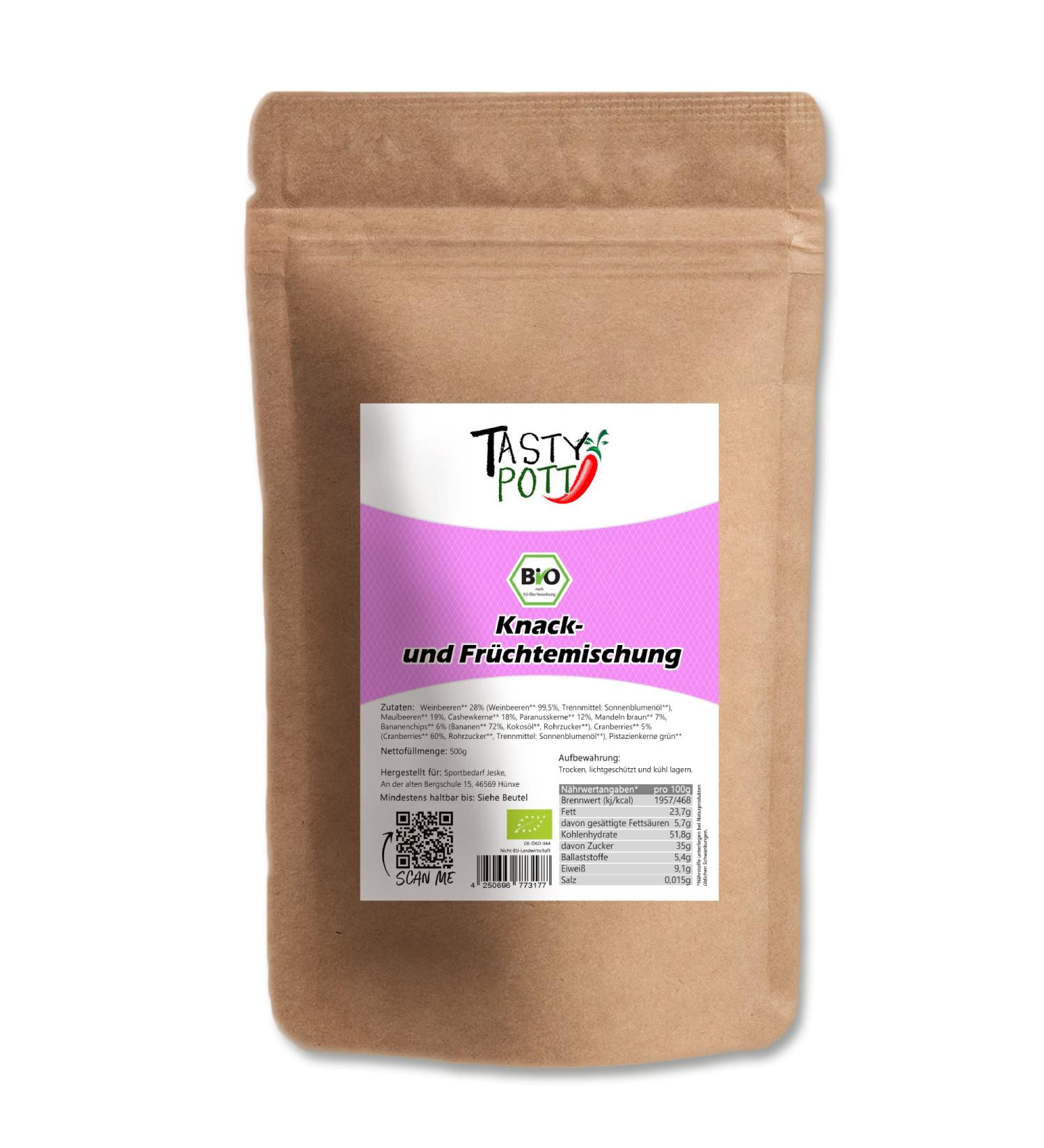  TASTY POTT Tasty Pott Organic Fruit & Crunchy Mix | Nuts | Dried Fruit | Nut Mix | Vegan Snack | Snacking | Crunchy Nut Mix | 500g Bag - Buy Online on GoSupps.com