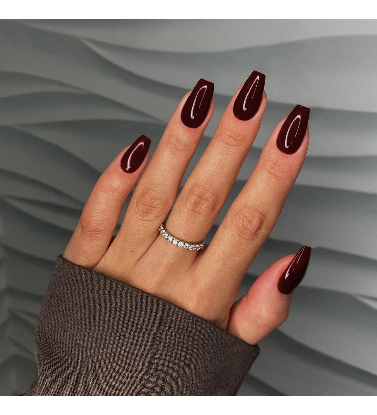 Dark Red Press On Nails - Medium Short Square & Ballerina Coffin Shape | 24 PCS Glossy Acrylic Fake Nails | Xcreando Spring Summer Collection - Buy Online on GoSupps.com