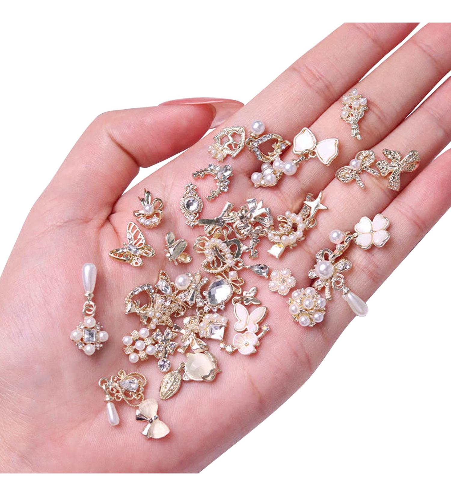 50PCS Mixed 3D Gold Pearl Rhinestone Nail Charms for DIY Nail Art - Hearts, Bows, and Luxury Dangles - Buy Online on GoSupps.com