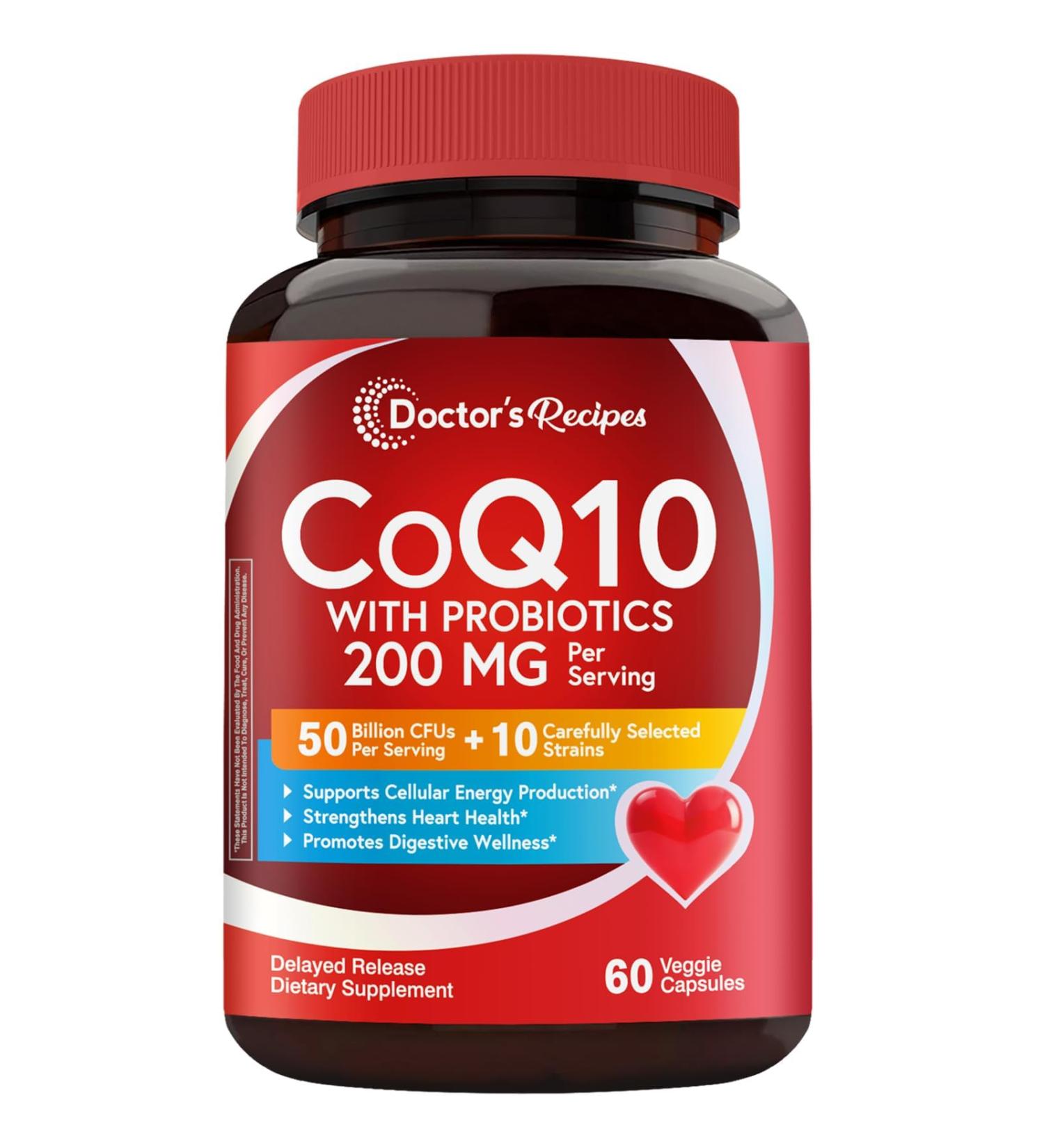 Doctor's Recipes CoQ10 with Probiotics 200 mg 50 Billion CFUs from 10 Strains Per Serving Bioavailable Ubiquinone for Heart Gut 60 Vegan Capsules Non-GMO - Buy Online on GoSupps.com