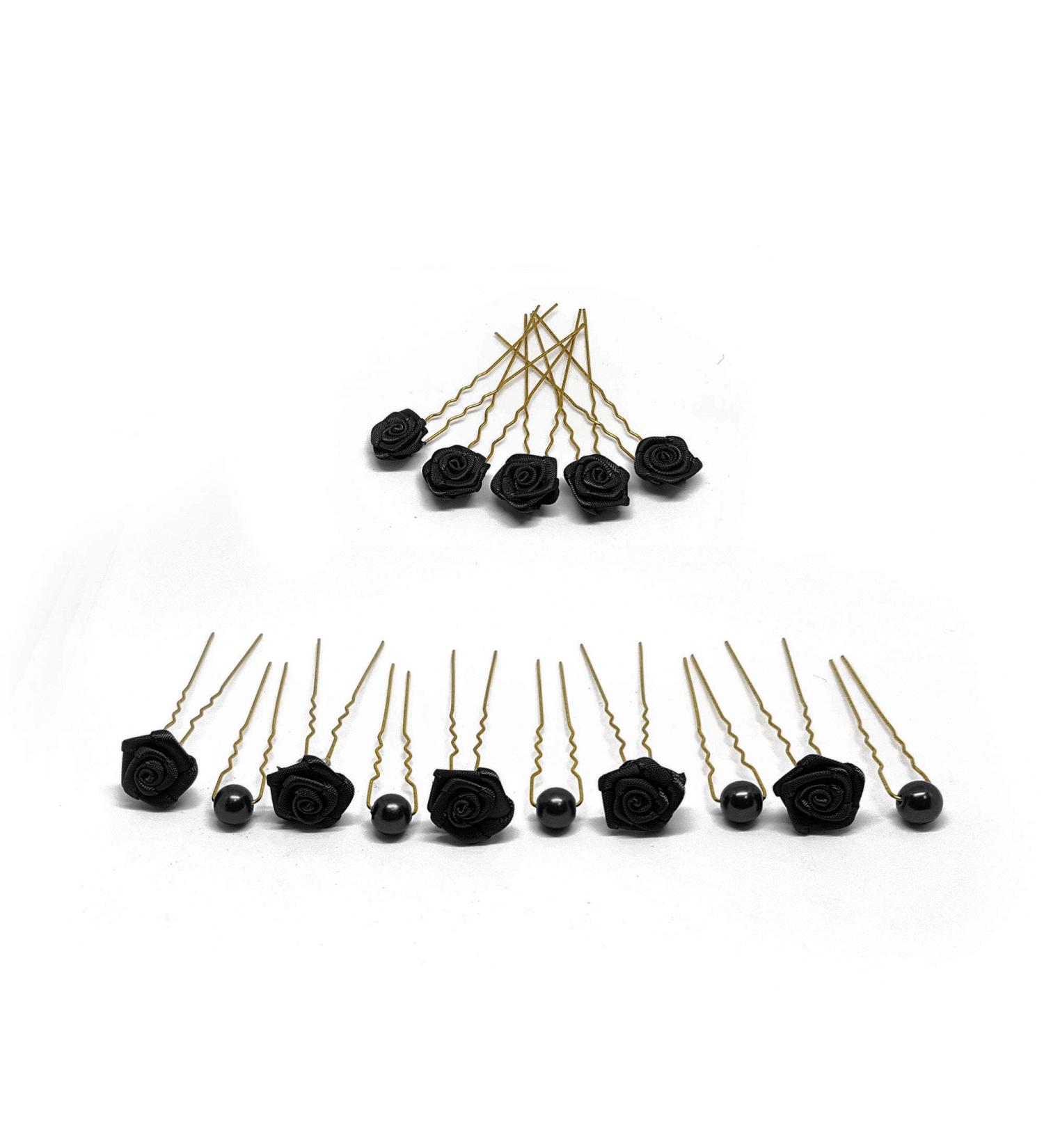 15pc Bridal Hair Accessory Set - Bridal Hair Accessory | Set-3-G - Black Hairpin Gold Black