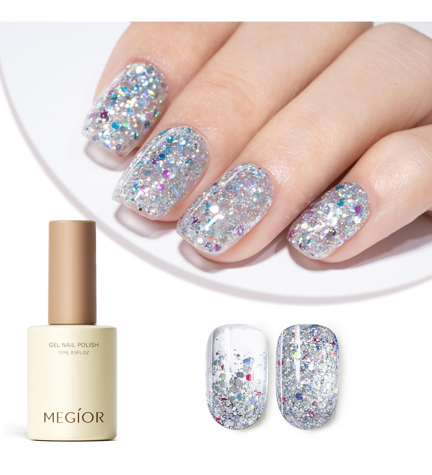 MEGIOR Silver Glitter Gel Nail Polish 15ml Sparkling Sequins Gel Polish High Gloss Soak Off UV LED Nail Gel Polish for Nail Art Manicure Salon DIY Home Gift for Girls Confetti - Buy Online on GoSupps.com