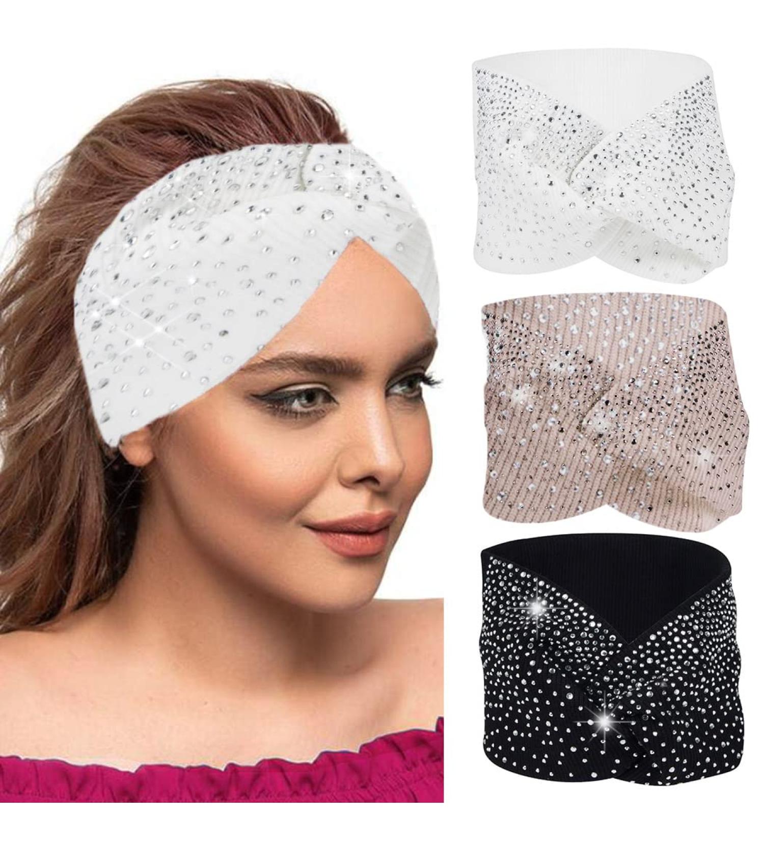 Cakure Crystal Rhinestone Headbands Pack of 3 - Wide Bling Turban Head Wraps for Women and Girls - Elastic Twist Scarf for Sports and Fashion - Type A - Buy Online on GoSupps.com