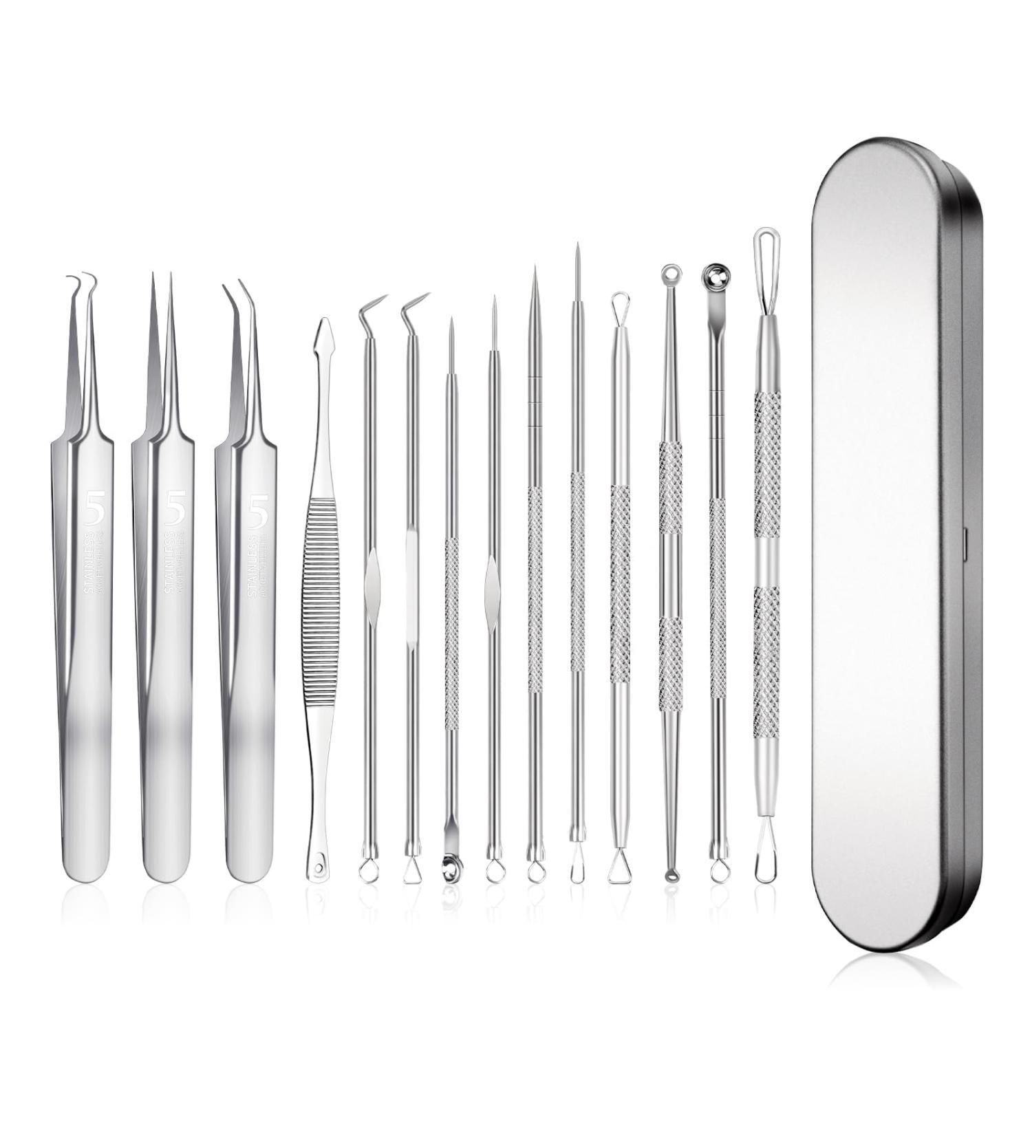 14-Piece Stainless Steel Pimple Blackhead Remover Tool Set for Men & Women | SWTYEXT Comedone Extractor Kit with Box - Buy Online on GoSupps.com