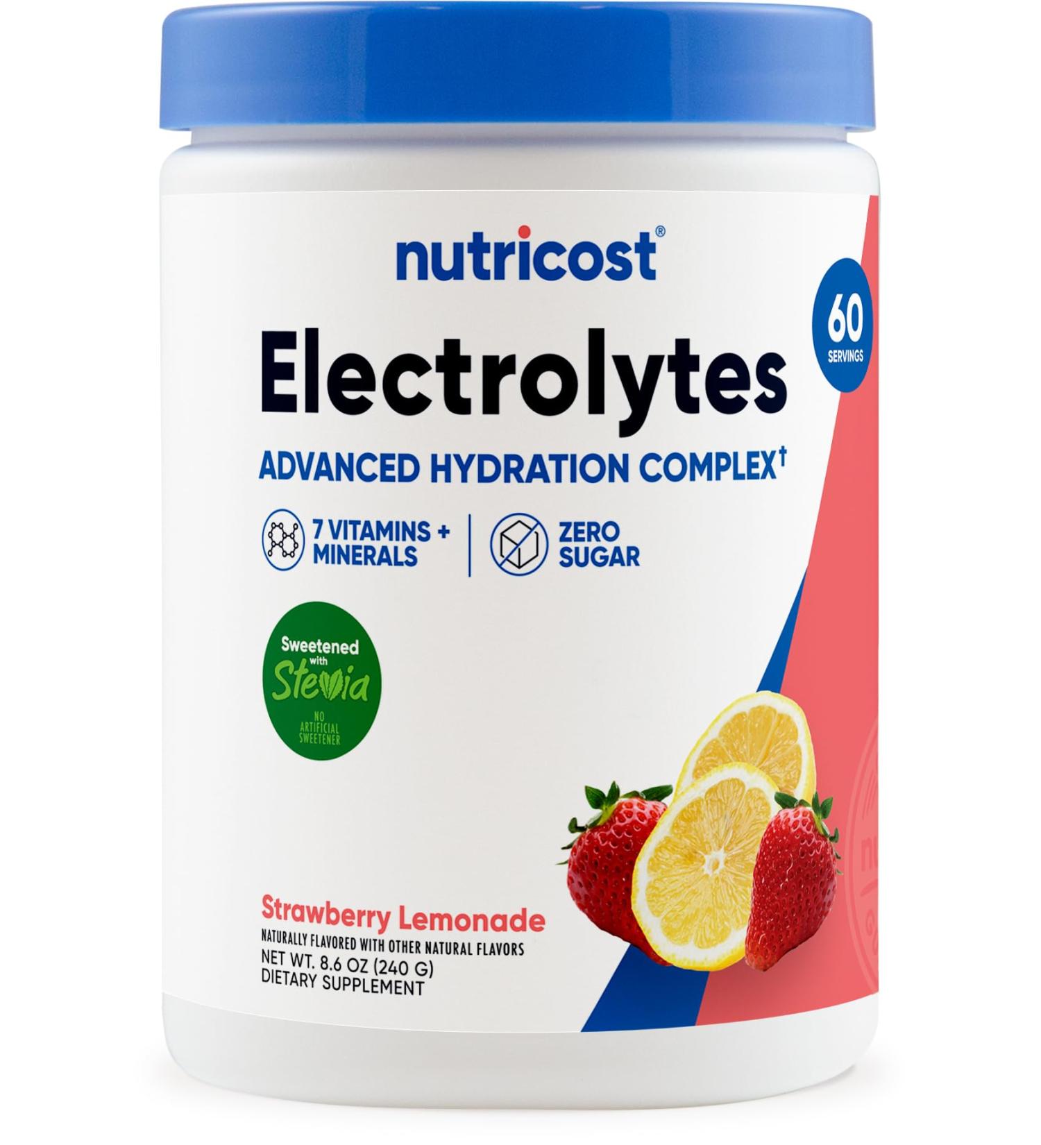 Nutricost Electrolytes Complex Powder (Strawberry Lemonade) 60 Servings - Advanced Hydration Complex 7 Vitamins + Minerals Zero Sugar Sweetened with Stevia Gluten-Free GMO-Free Strawberry Lemonade 8.6 Ounce (Pack of 1) - Buy Online on GoSupps.com