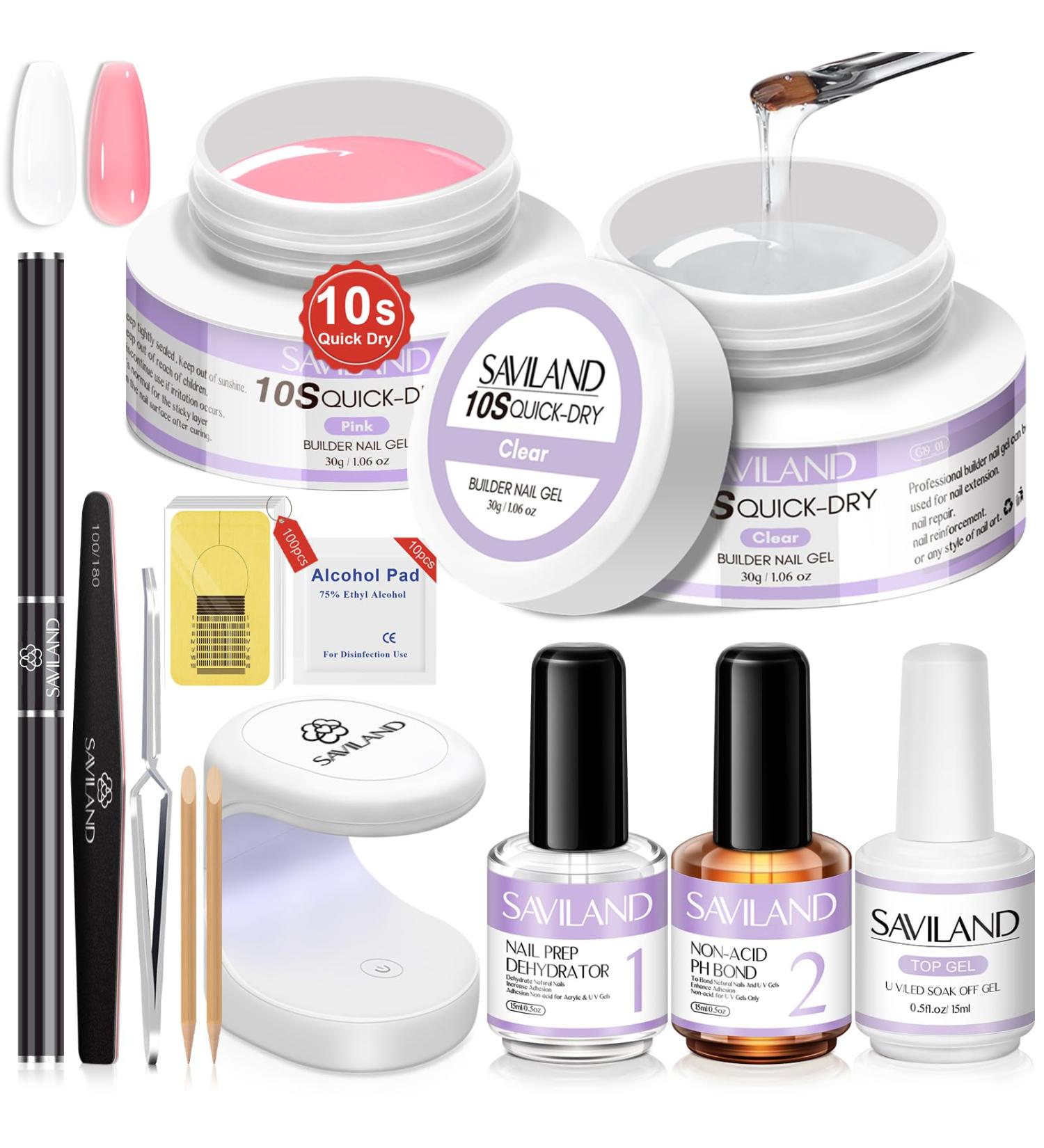 SAVILAND Quick-Dry Builder Nail Gel Kit - Clear Pink Hard Gel with Mini UV Light & Essential Tools for Beginners - Perfect Nail Extensions - Buy Online on GoSupps.com