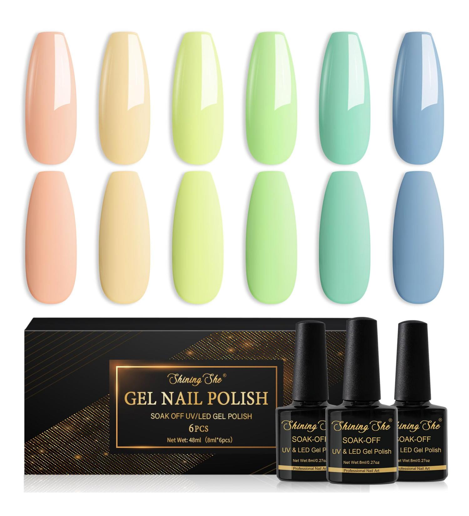 Shining She Gel Nail Polish Set - 6 Colours Cyan, Green, Blue, Coral, Pastel - Soak-Off UV/LED Manicure Gift for Women - 8ML - Buy Online on GoSupps.com
