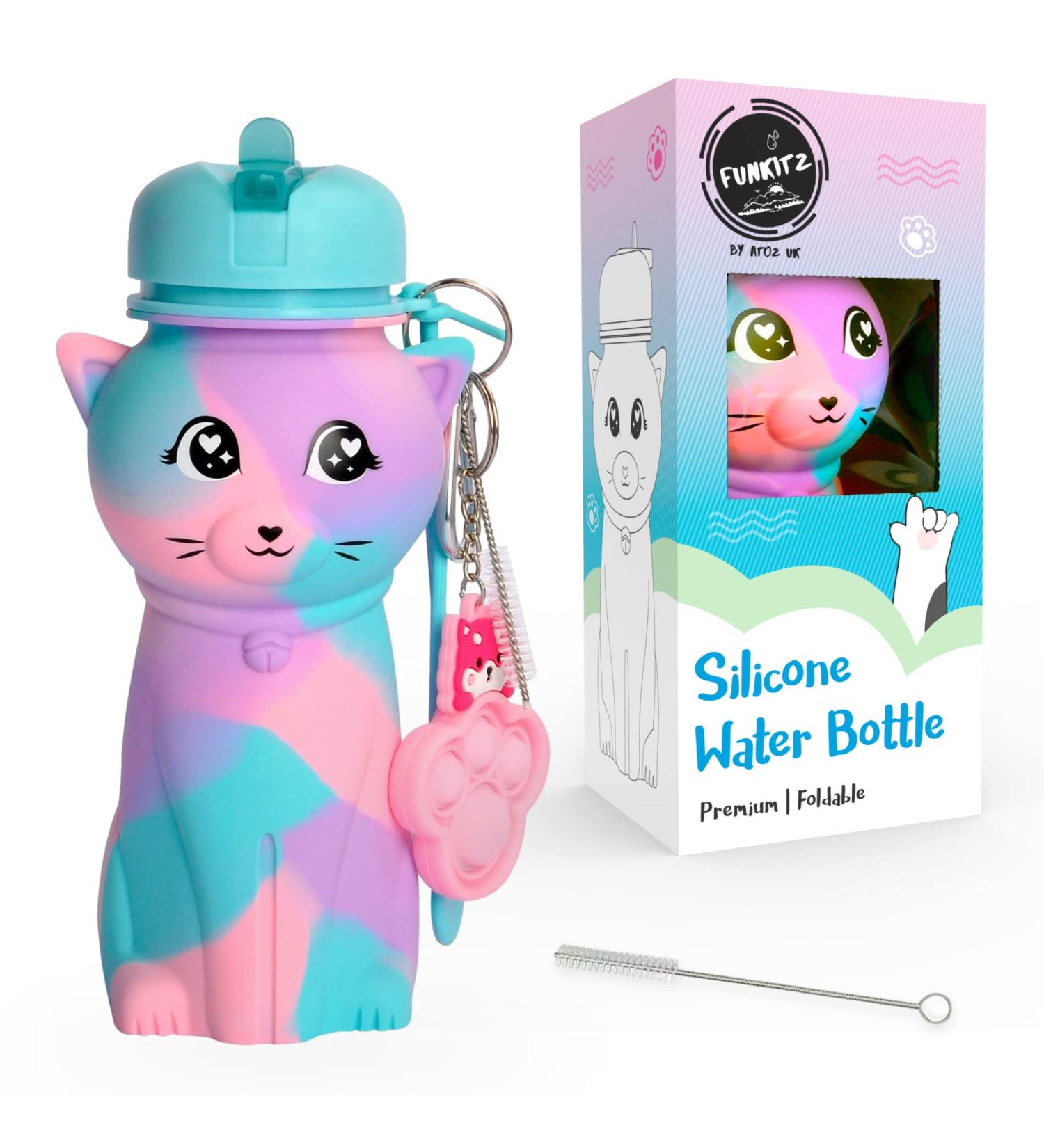 FunKitZ by AToZ UK Cat Shaped Water Bottle for Girls - BPA Free 500ml Silicone - Rainbow Design, Drop Resistant - Back to School Gift - Buy Online on GoSupps.com