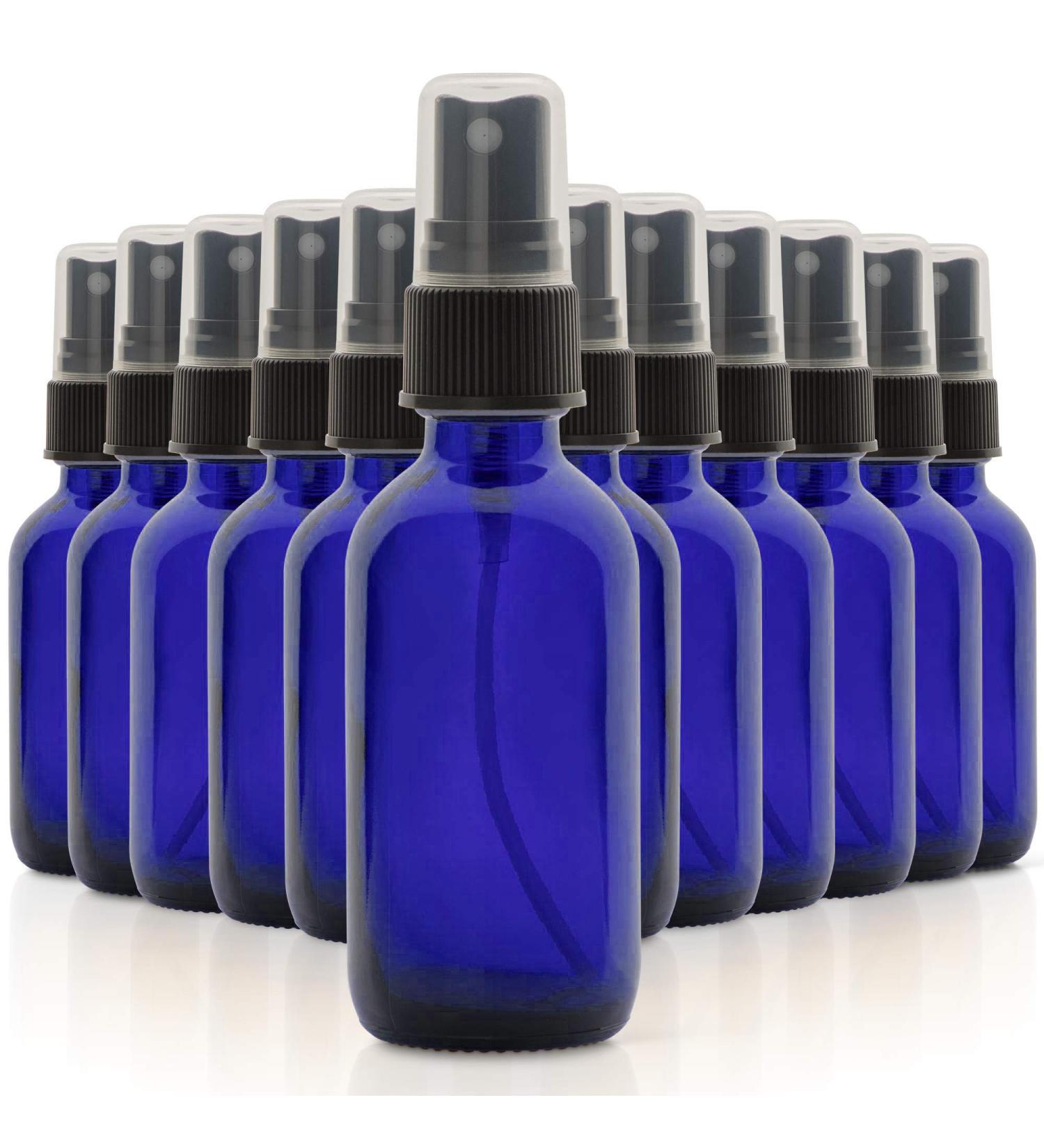 2oz Glass Spray Bottles for Essential Oils - Set of 12 Blue Bottles with Black Mist Tops - Buy Online on GoSupps.com