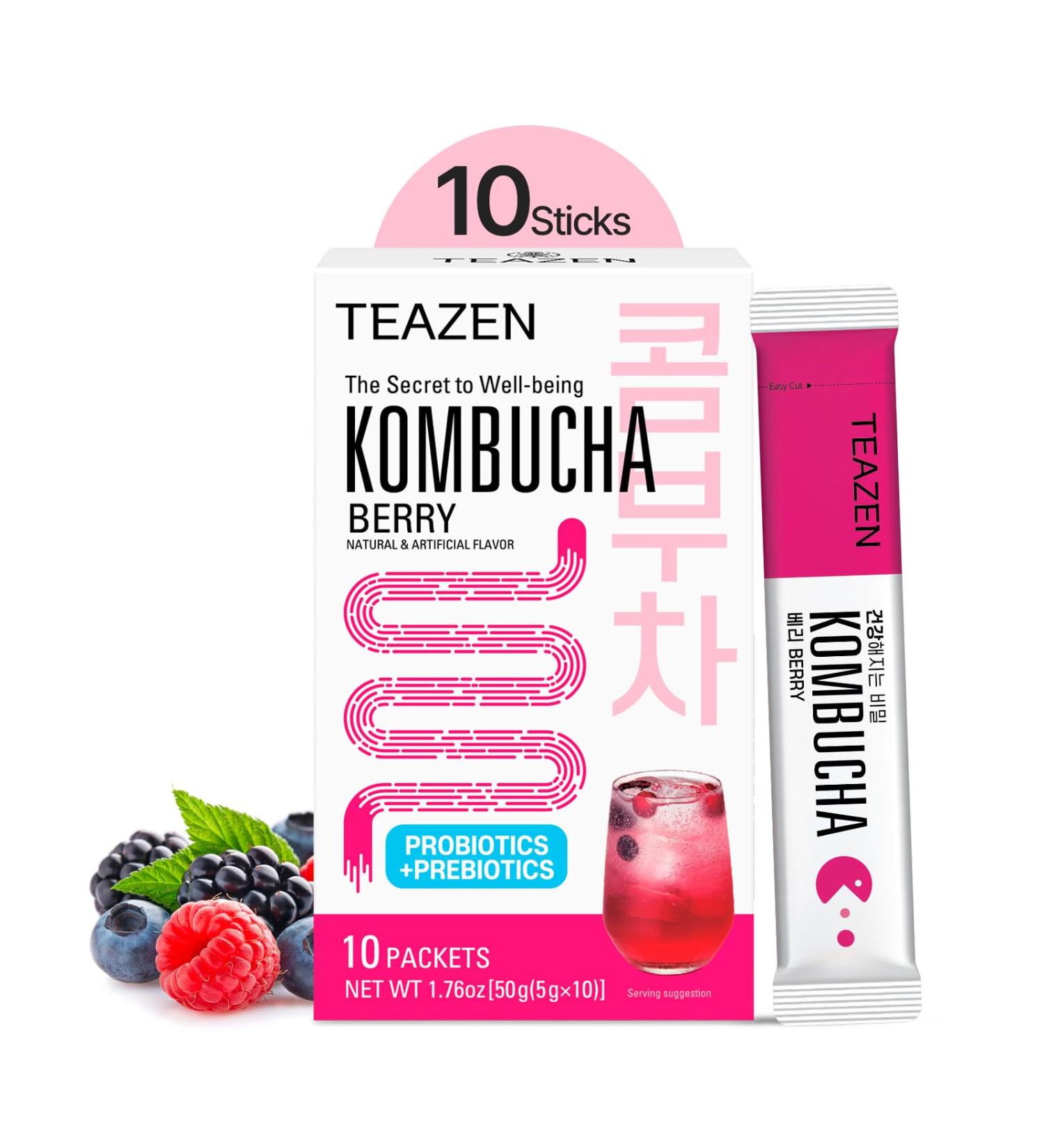 TEAZEN - Kombucha Berry Boisson instantan e au th probiotique 10 sachets Sans sucre V gan Faible en calories Pr paration pour boisson Cor enne avec pr biotiques - Buy Online on GoSupps.com