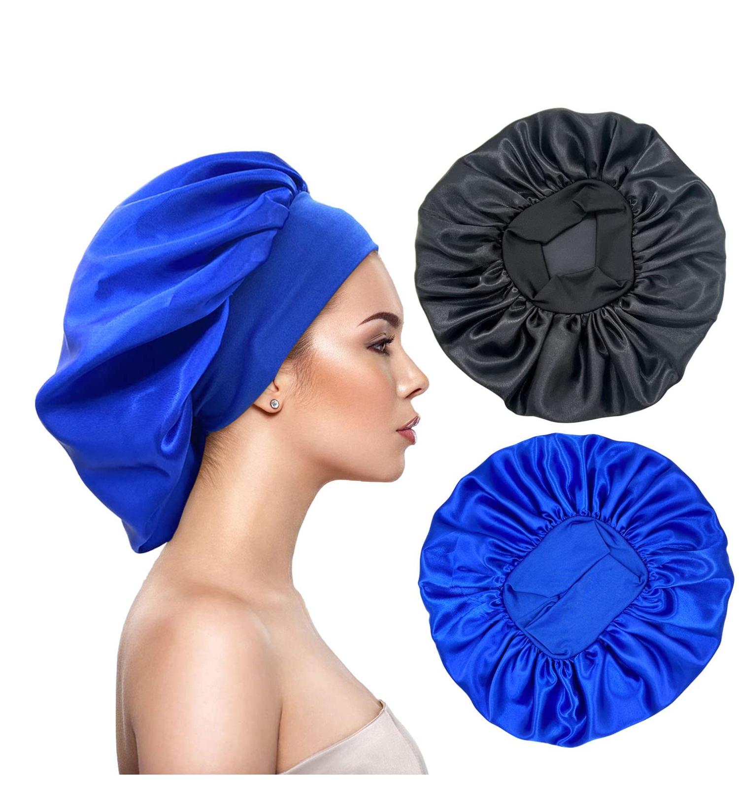 Eupinduo Satin Sleeping Cap Bonnet - 2 Pack High Elastic Curly Hood for Women | Soft Satin Sleep Hats in Black & Blue - Buy Online on GoSupps.com
