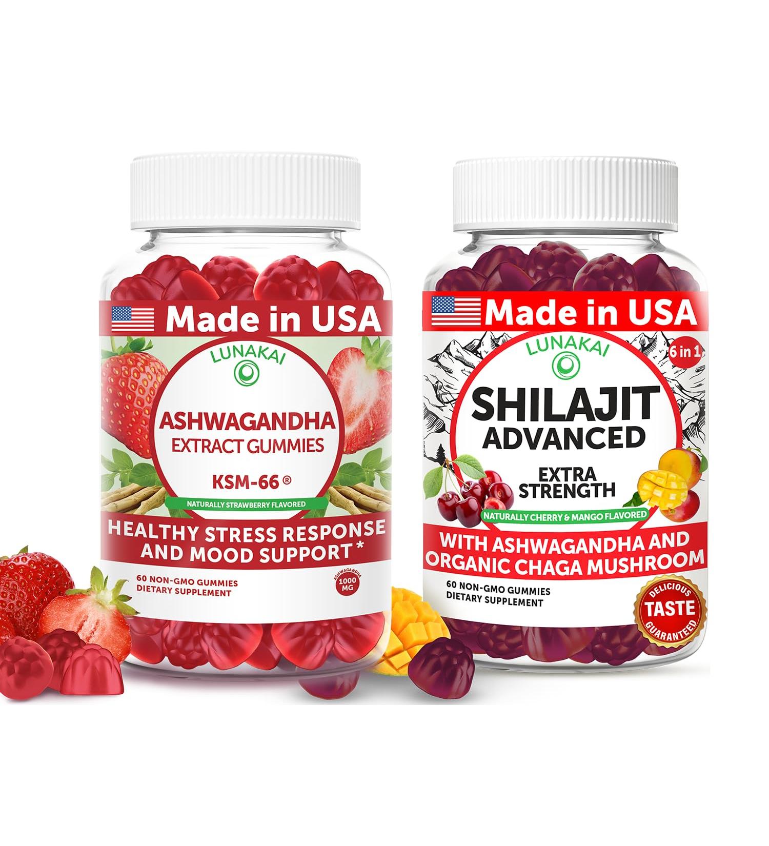 Lunakai USA Made Ashwagandha KSM-66 & Shilajit Advanced Gummies Bundle Mood Balance & Adaptogen Support 60 Non-GMO Gummies Each - Buy Online on GoSupps.com