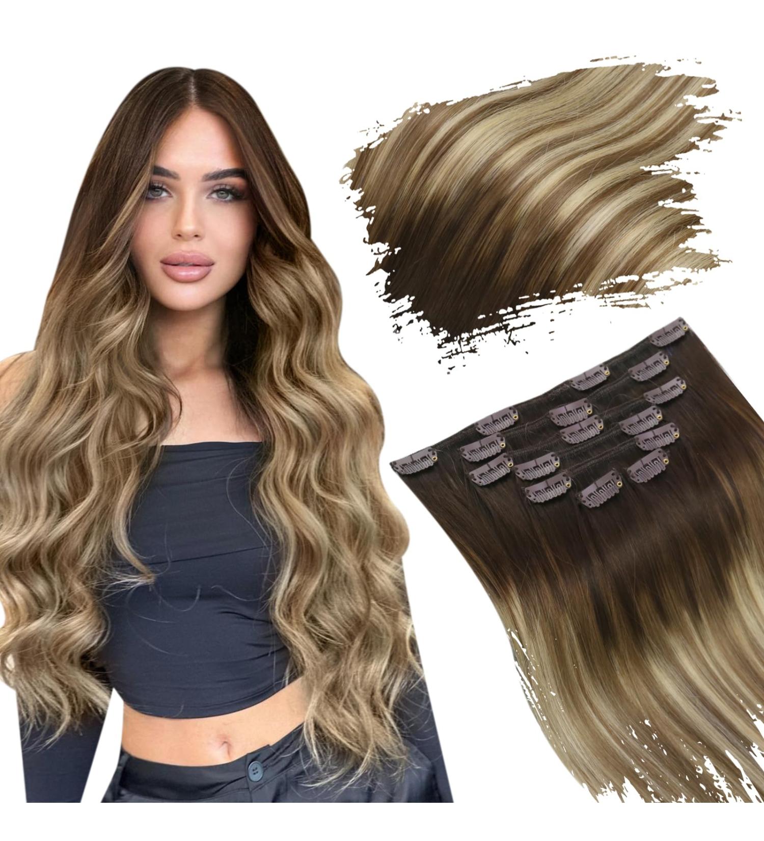 Ugeat Balayage Clip-In Extensions - 45cm 120g Real Remy Hair Ombre Dark Brown to Light Brown (#4/6/613) - Full Head 7 Pieces - Buy Online on GoSupps.com